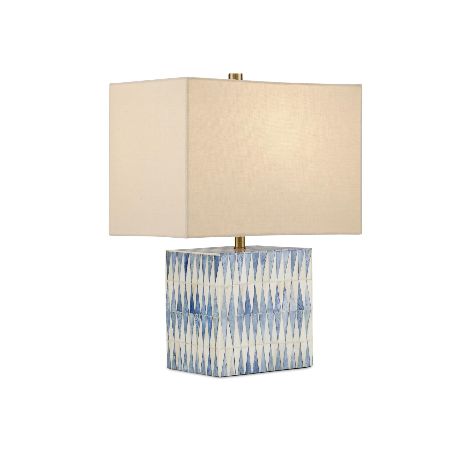 Shown in Blue/White/Brushed Brass finish and Light Beige Linen shade
