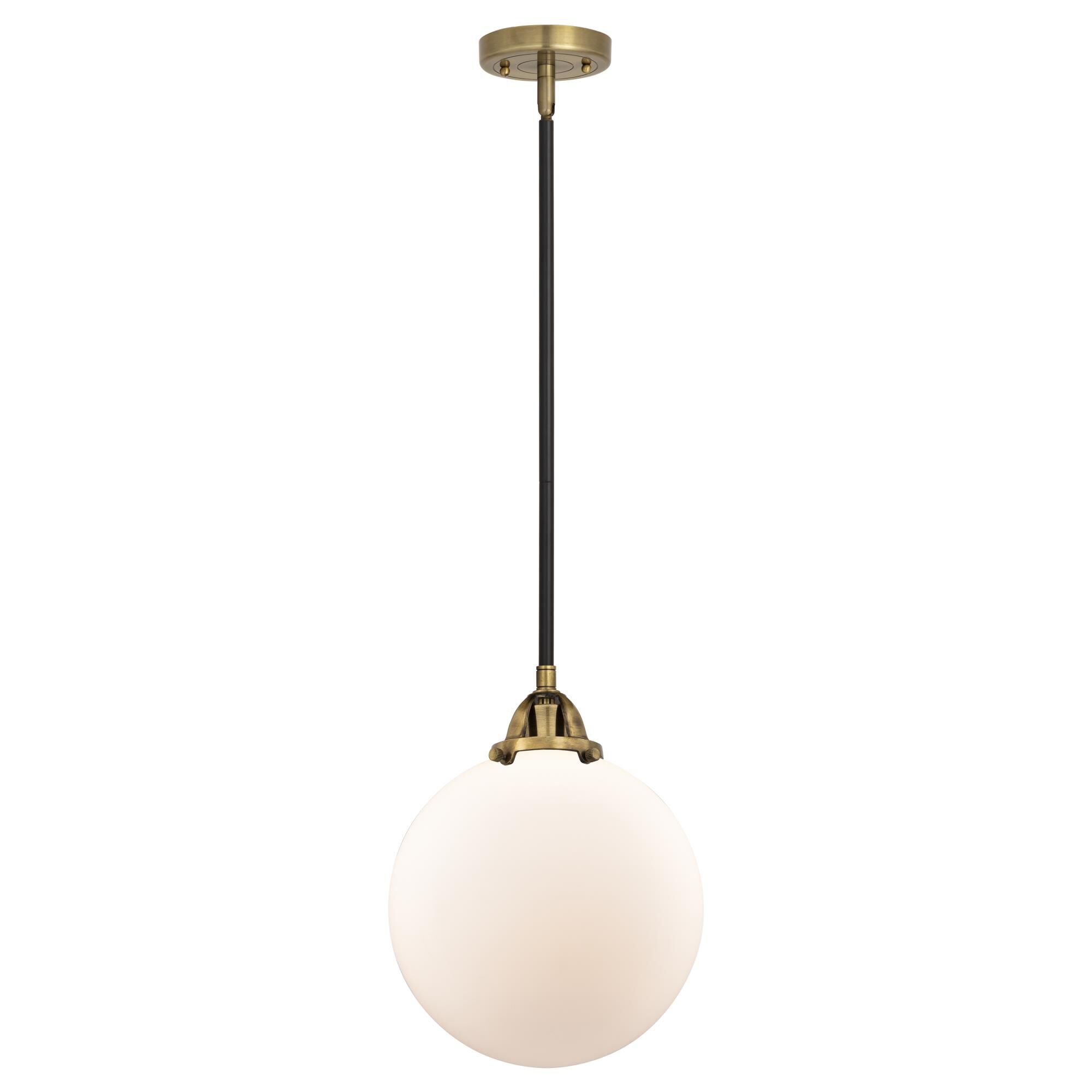 Shown in Black Antique Brass finish and Matte White Cased Beacon glass and No Shade shade