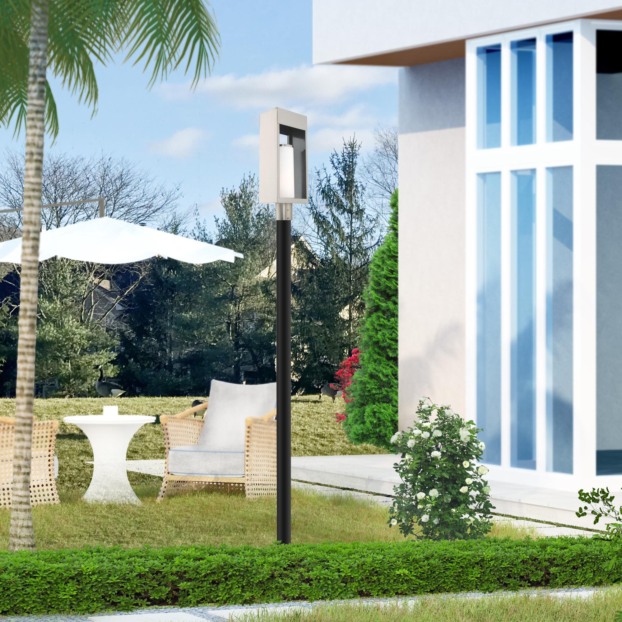 Shown in Brushed Nickel finish and Hand Blown Satin Opal White Cylinder glass