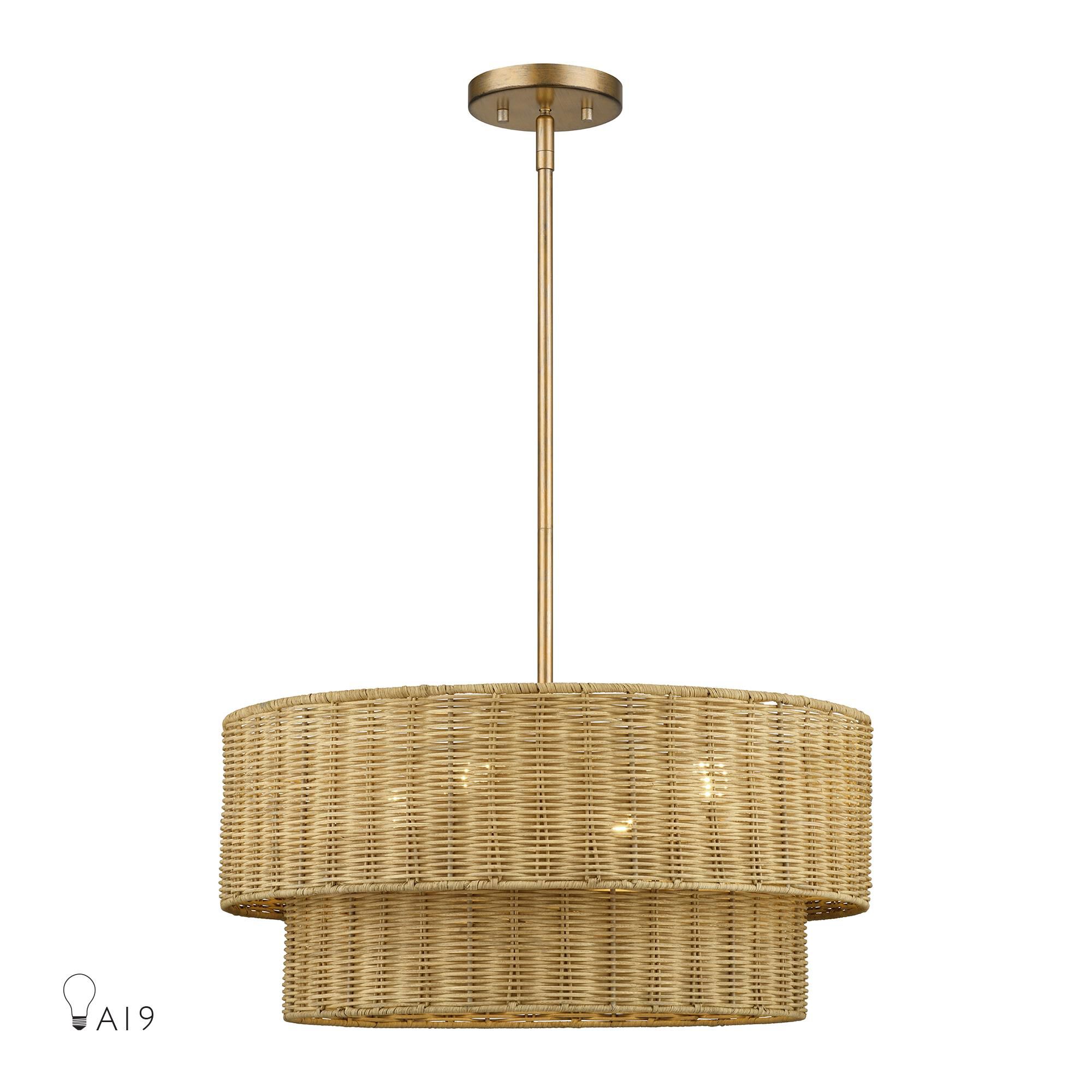Shown in Antique Gold Leaf finish and Hand-Woven Rustic Walnut Color Rattan shade
