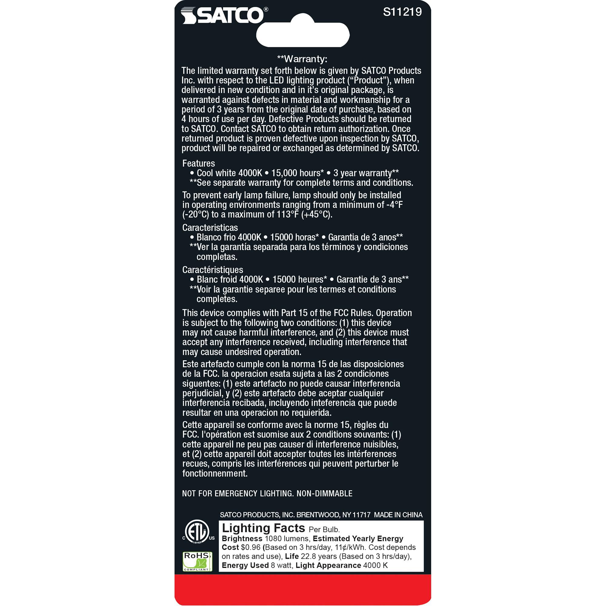 8 Watt 4000K T10 LED Light Bulb by Satco