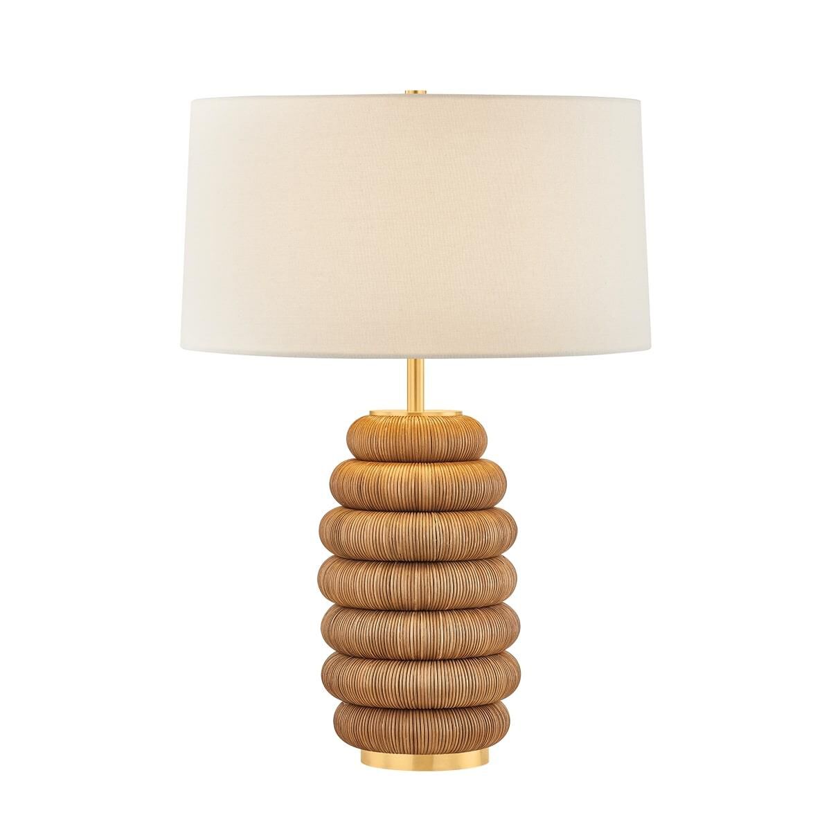 Shown in Aged Brass finish and White Linen shade