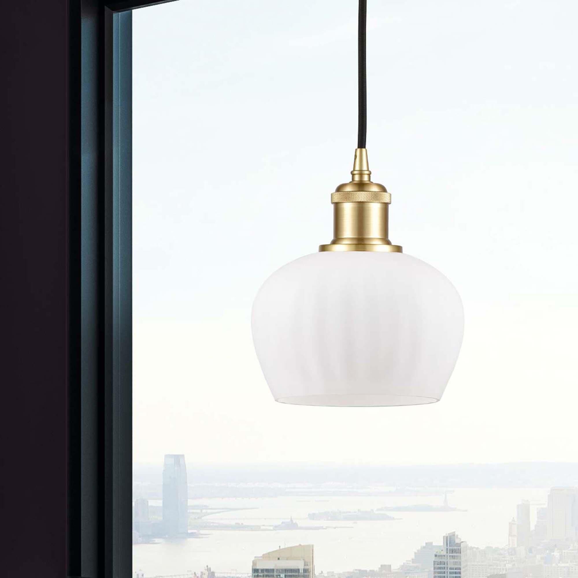 Shown in Satin Gold finish and Matte White Fenton glass and Matte Black Smithfield shade and Polished Chrome accent