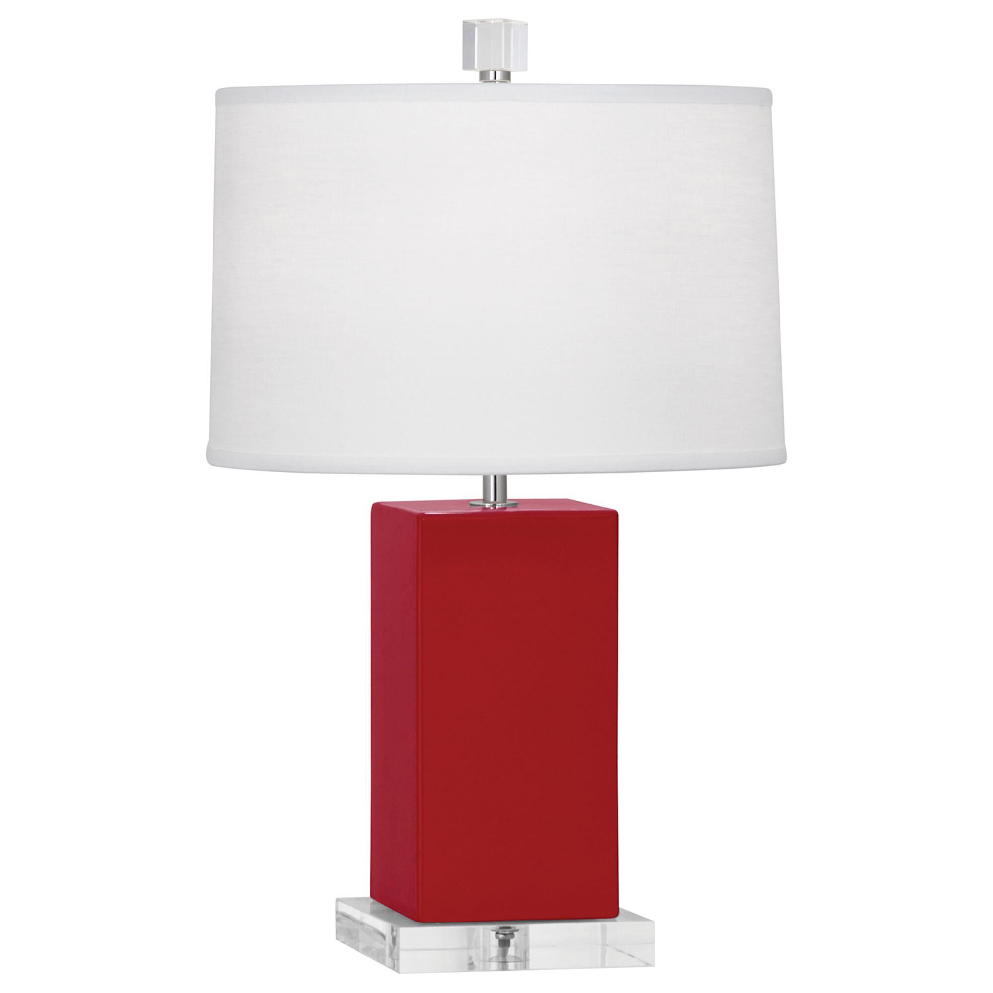 Shown in Ruby Red Glazed Ceramic finish and Oyster Linen With Self Fabric Top Diffuser shade