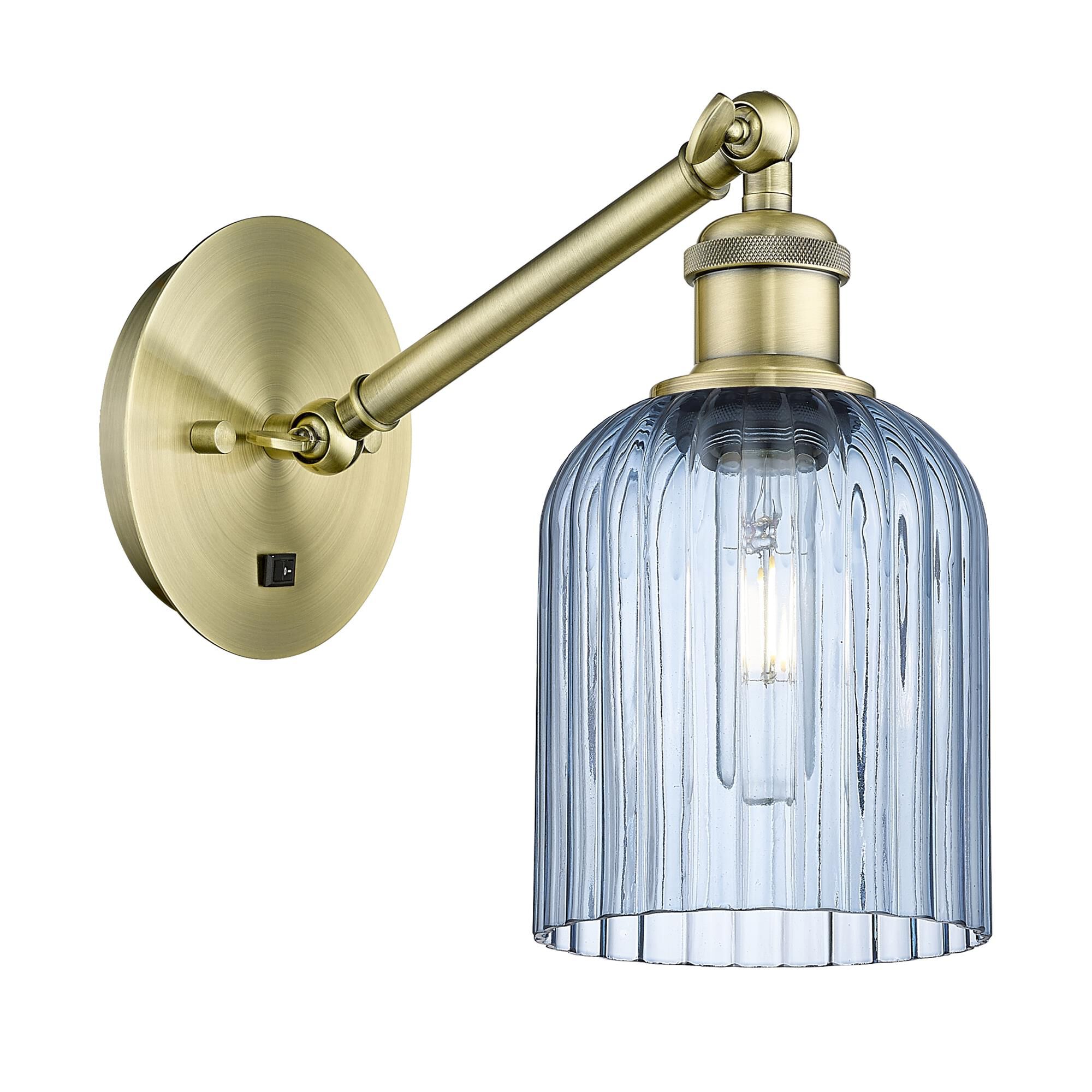 Shown in Antique Brass finish and Princess Blue shade