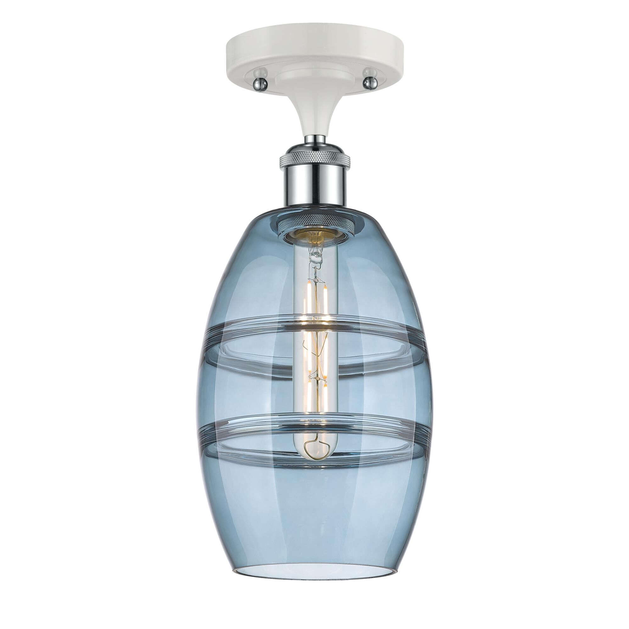 Shown in White Polished Chrome finish and Princess Blue glass