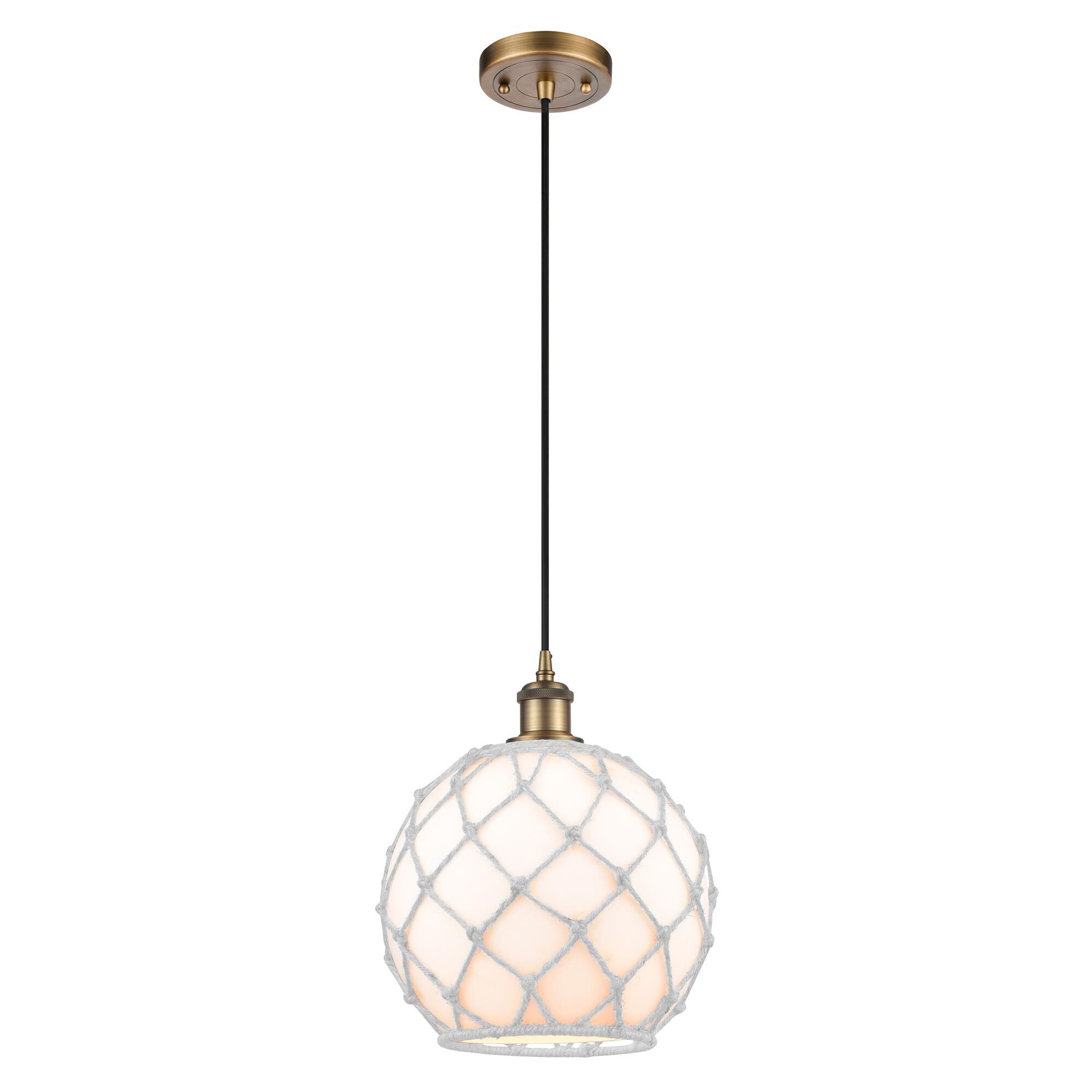 Shown in Brushed Brass finish and White Large Farmhousewith White Rope glass