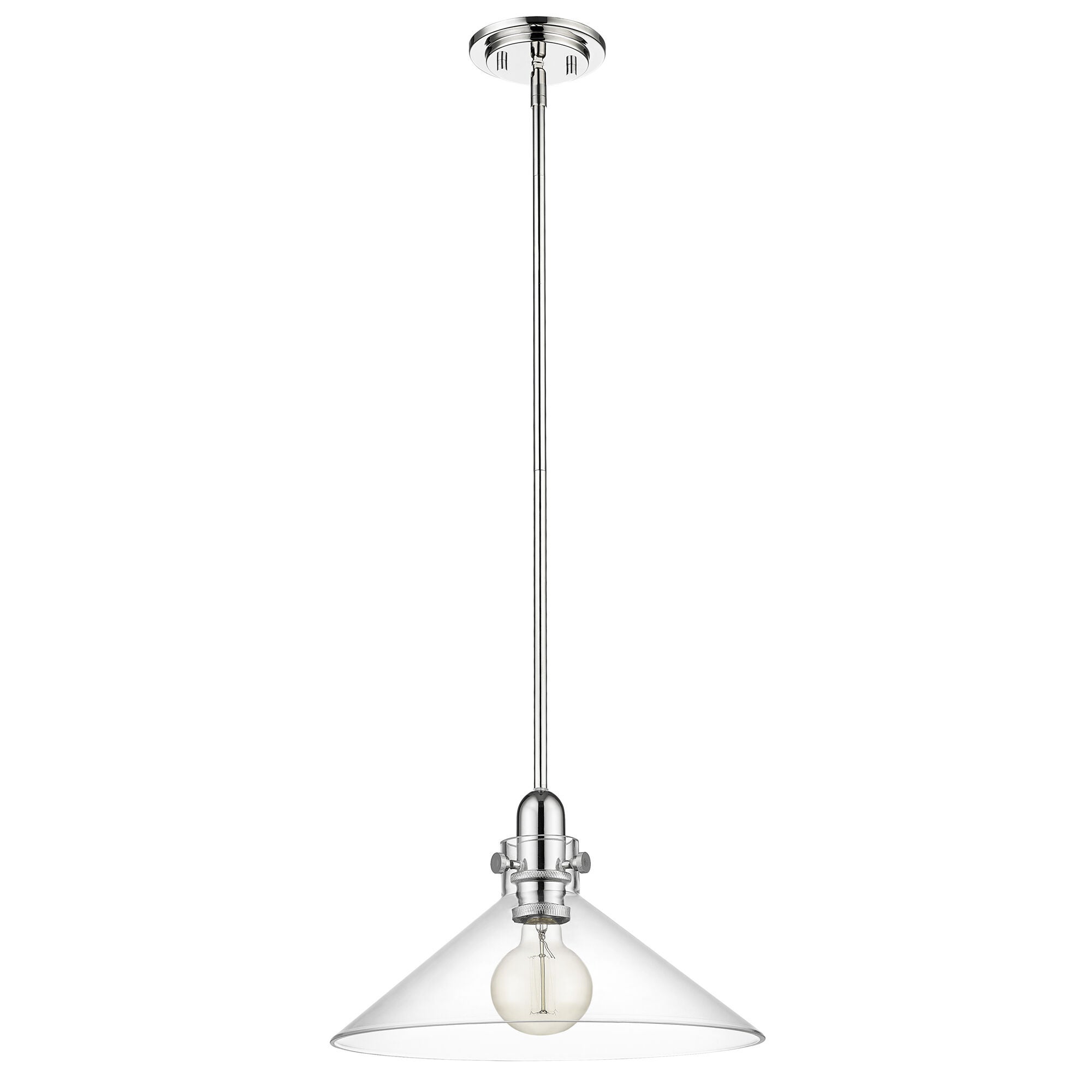 Shown in Polished Nickel finish and Clear Glass shade