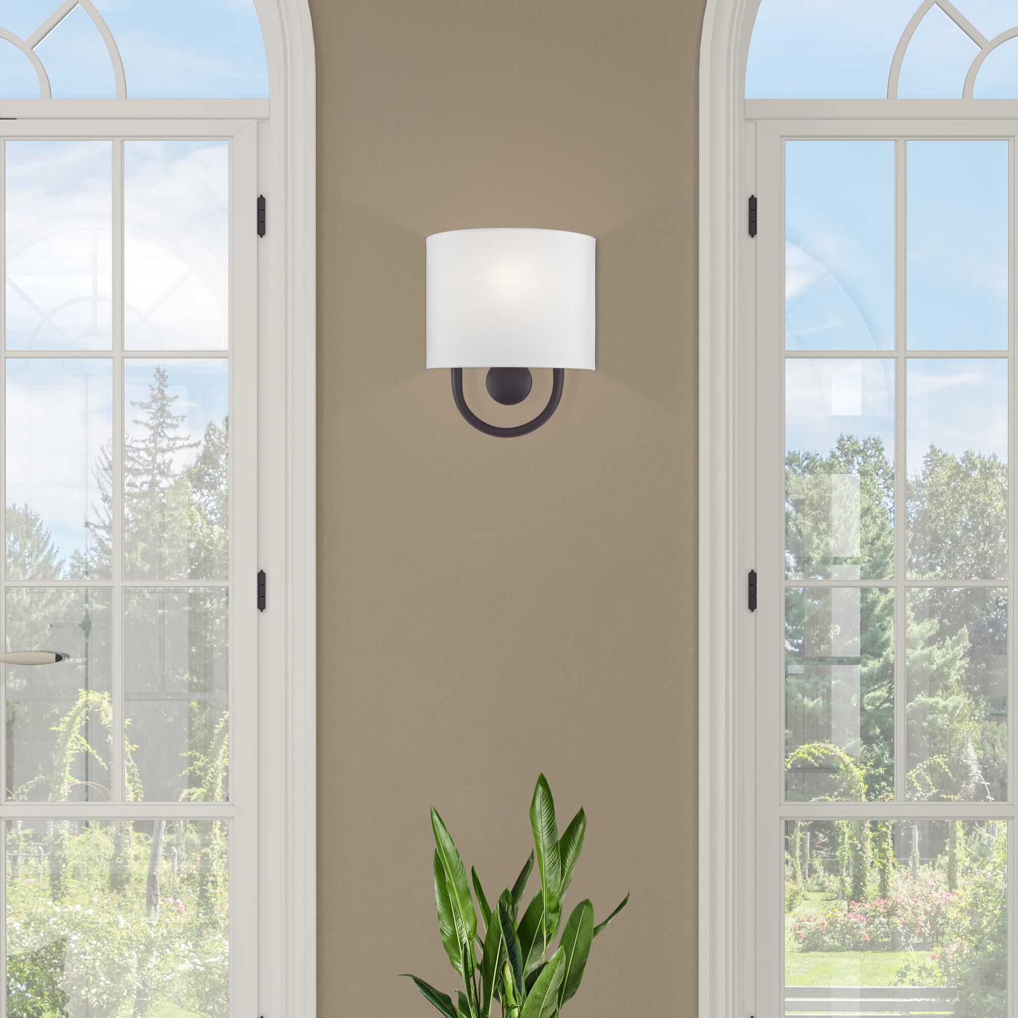 Shown in Bronze finish and Hand Crafted Off-White Fabric Hardback with White Fabric Inside shade