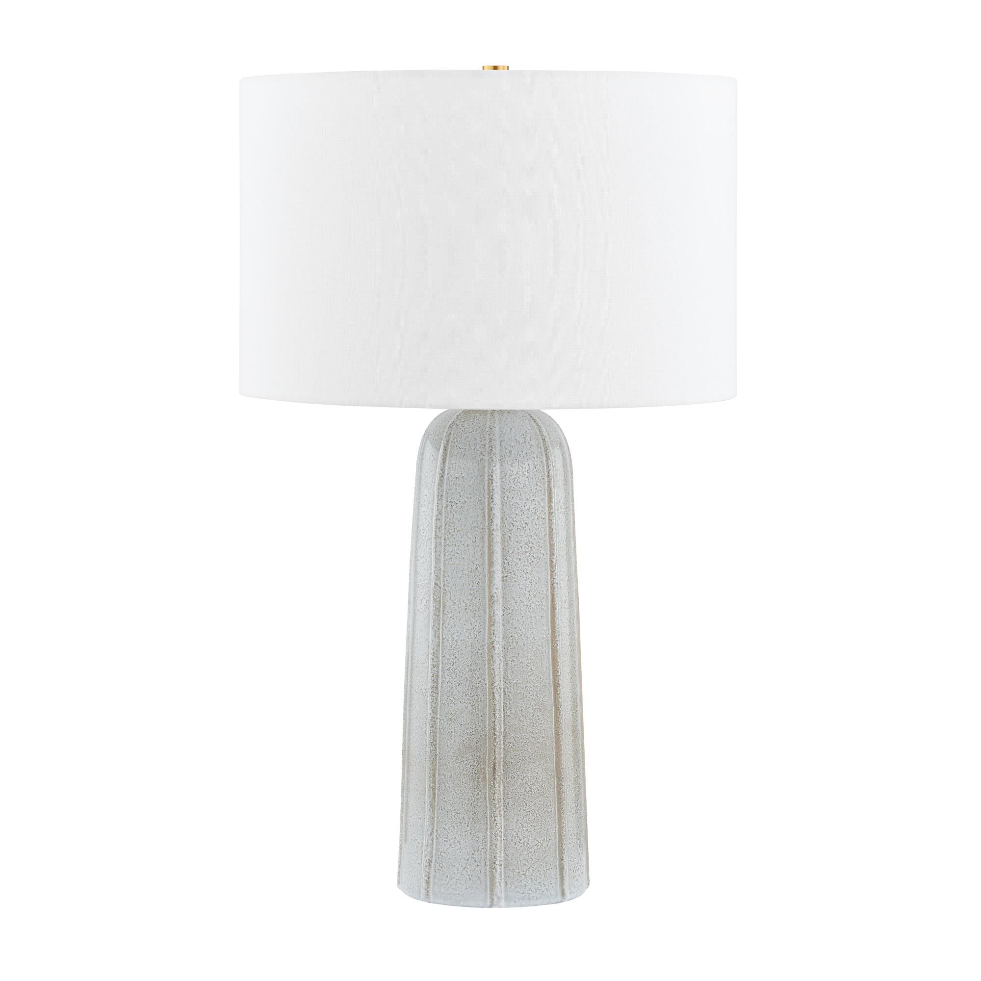 Shown in Aged Brass and Ceramic Reactive Ash finish and White Linen shade