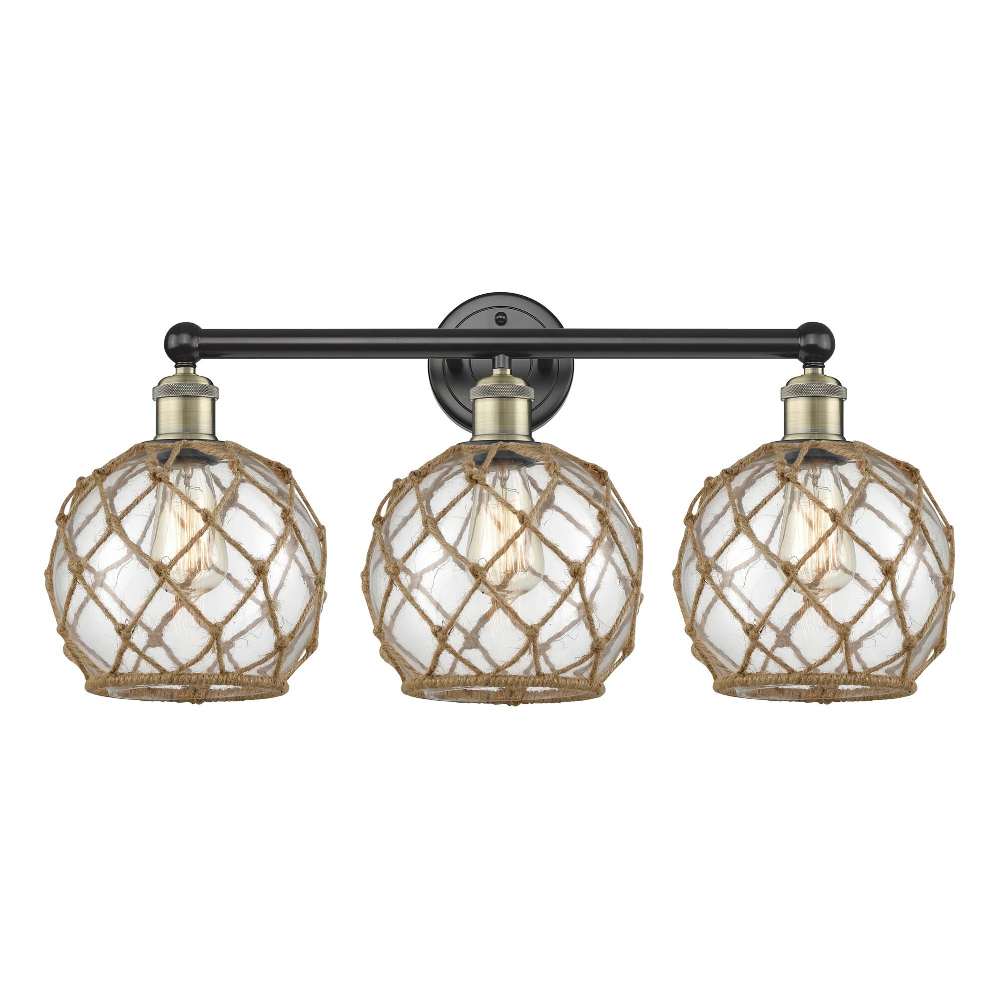 Shown in Black Antique Brass finish and Clear with Brown Rope glass