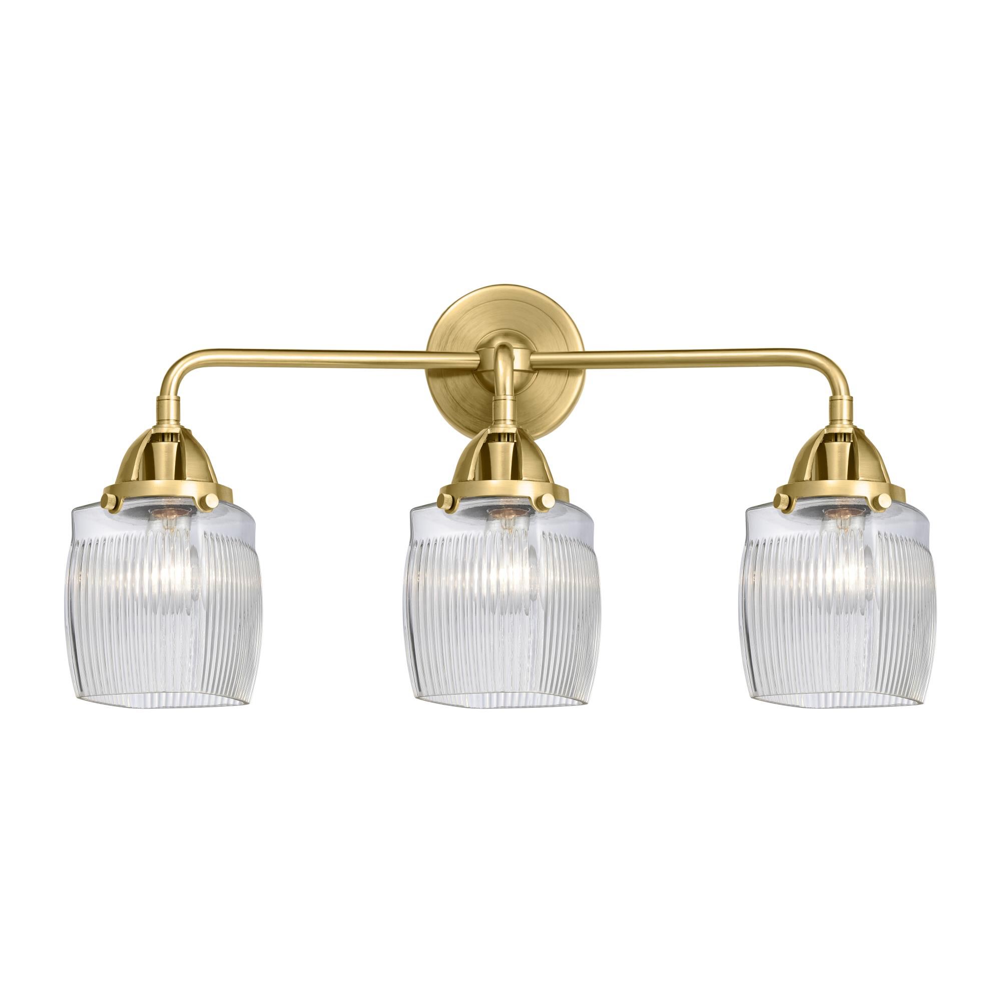 Shown in Satin Gold finish and Thick Clear Halophane Colton glass and No Shade shade