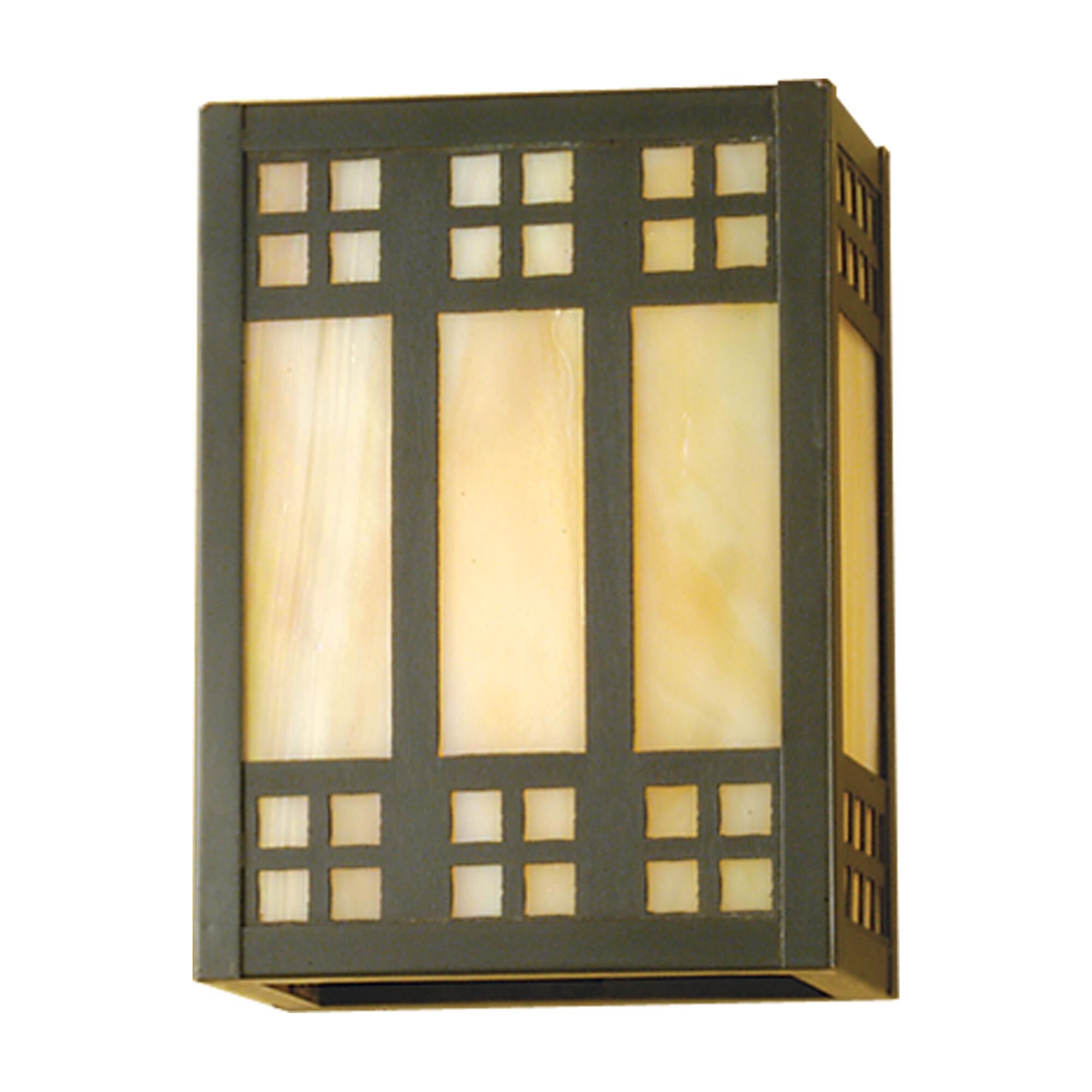 Shown in Craftsman Brown Finish finish and Iridized Beige glass