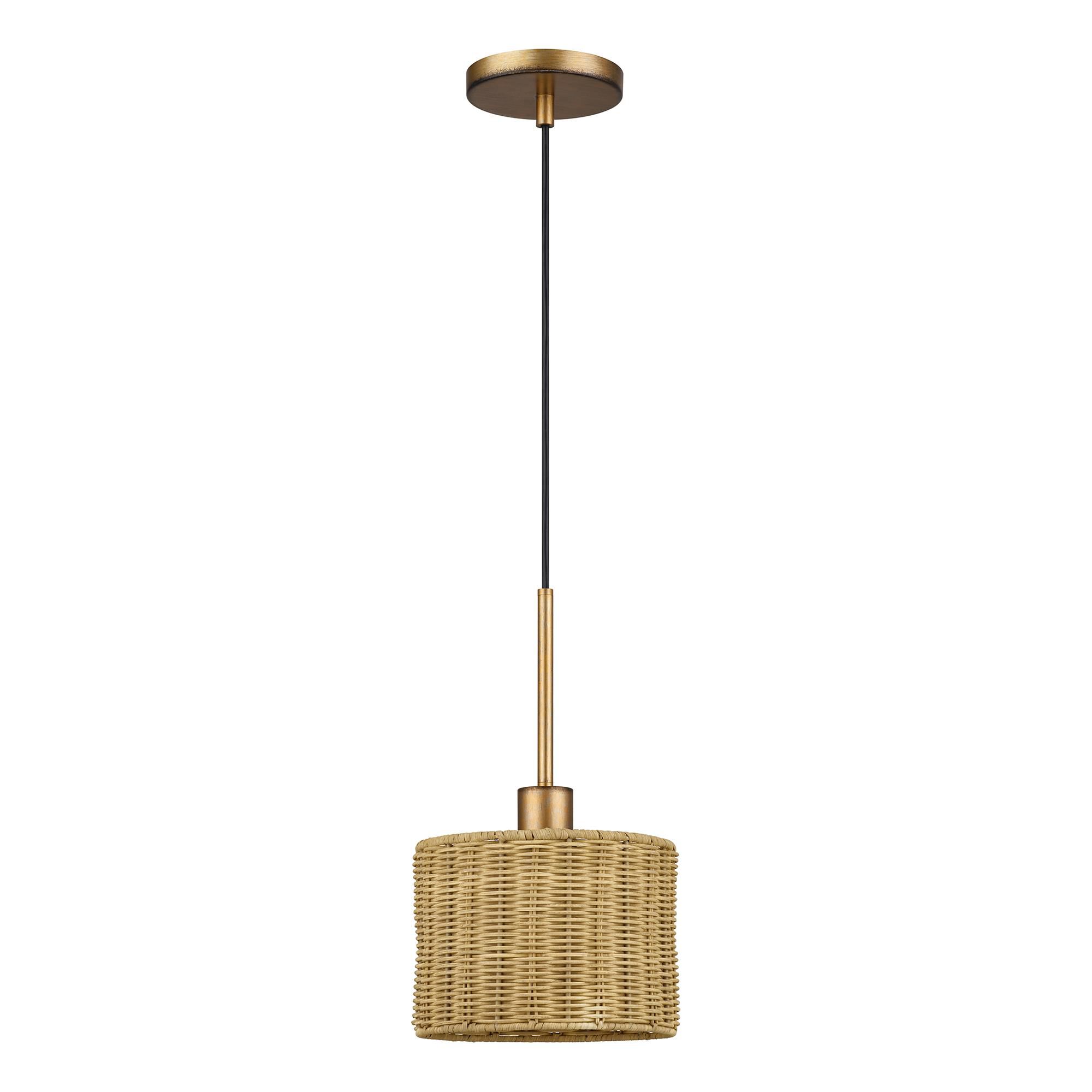 Shown in Antique Gold Leaf finish and Hand-Woven Rustic Walnut Color Rattan shade