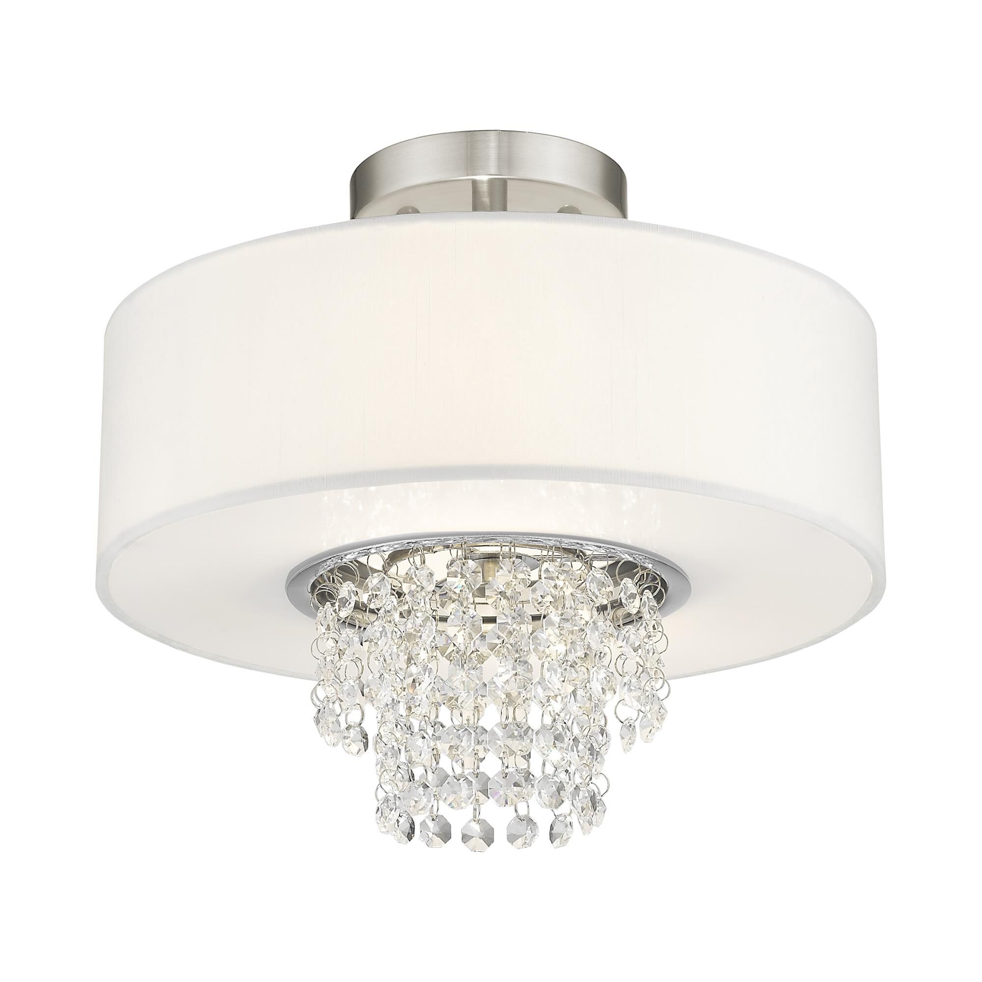 Shown in Brushed Nickel finish and Clear crystal and Off-White Sheer Organza shade
