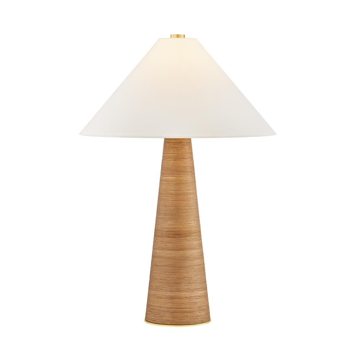 Shown in Aged Brass finish and White Linen shade