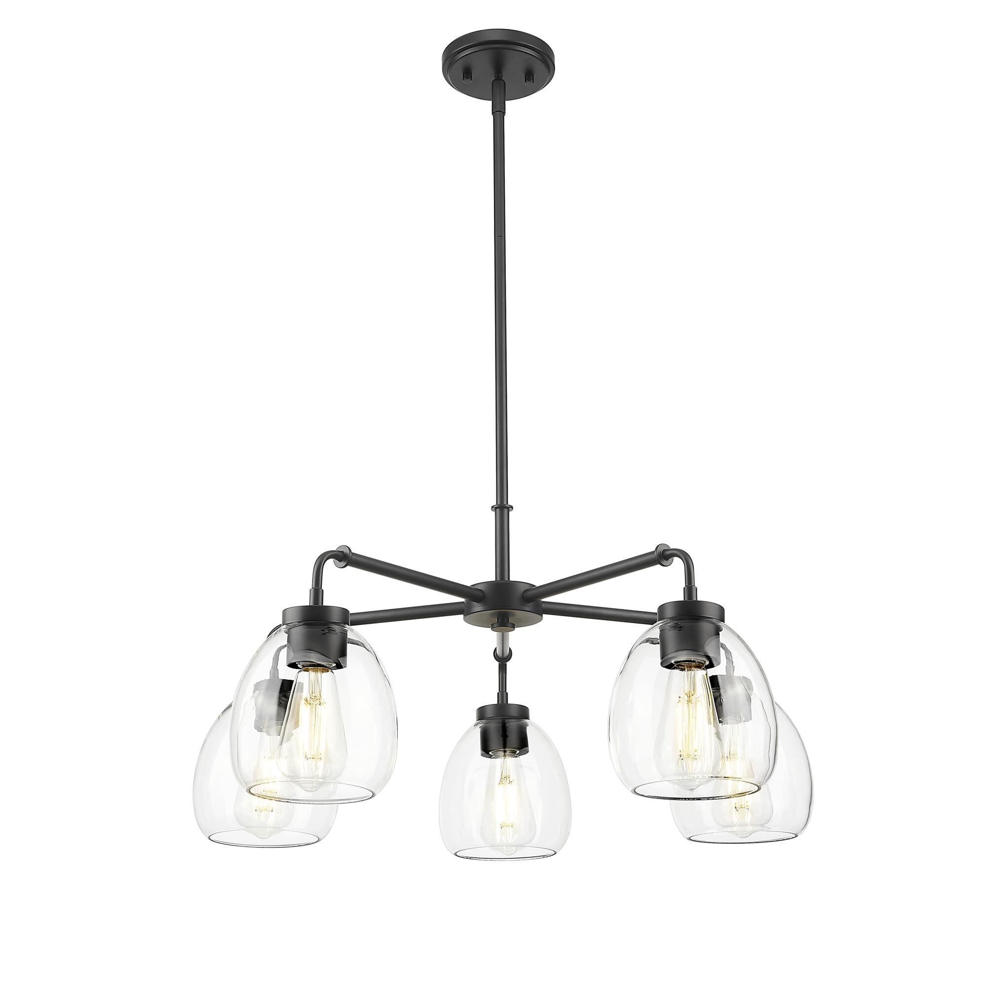 Shown in Matte Black finish and Clear Glass Globes shade