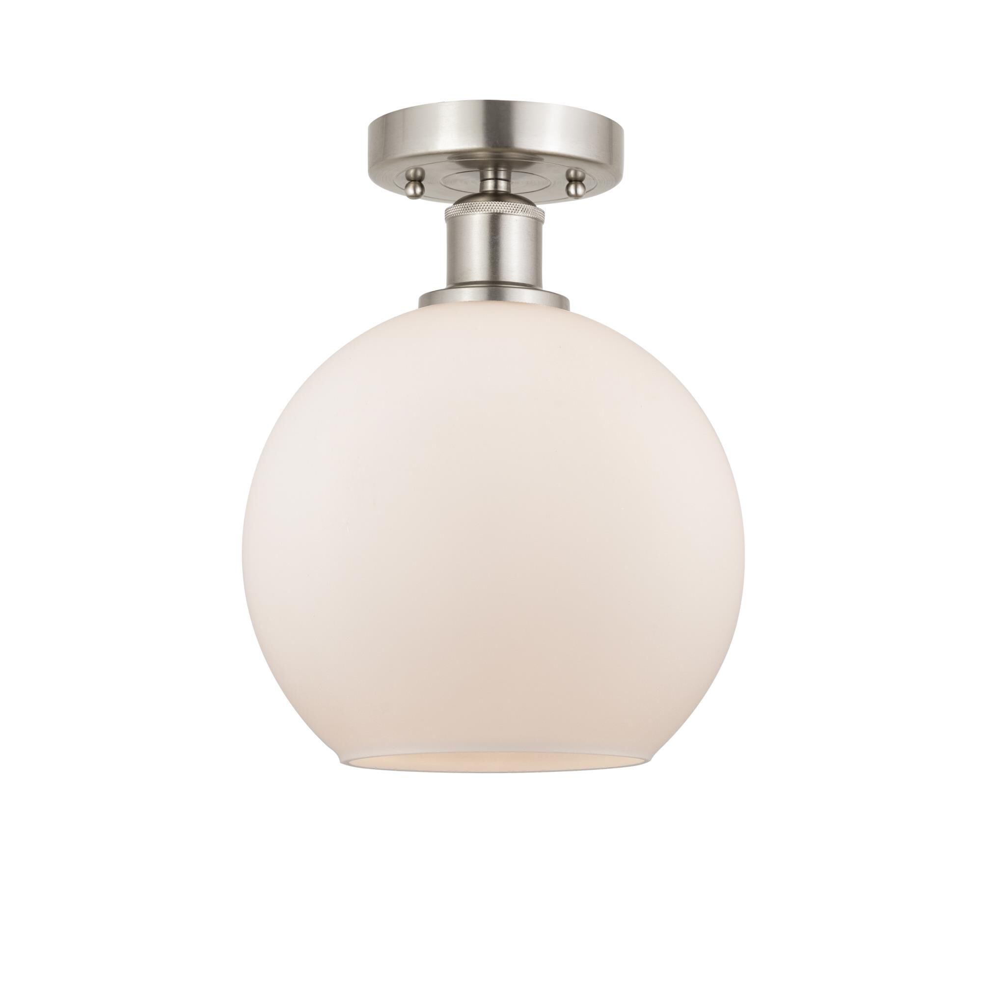 Shown in Brushed Satin Nickel finish and Matte White glass