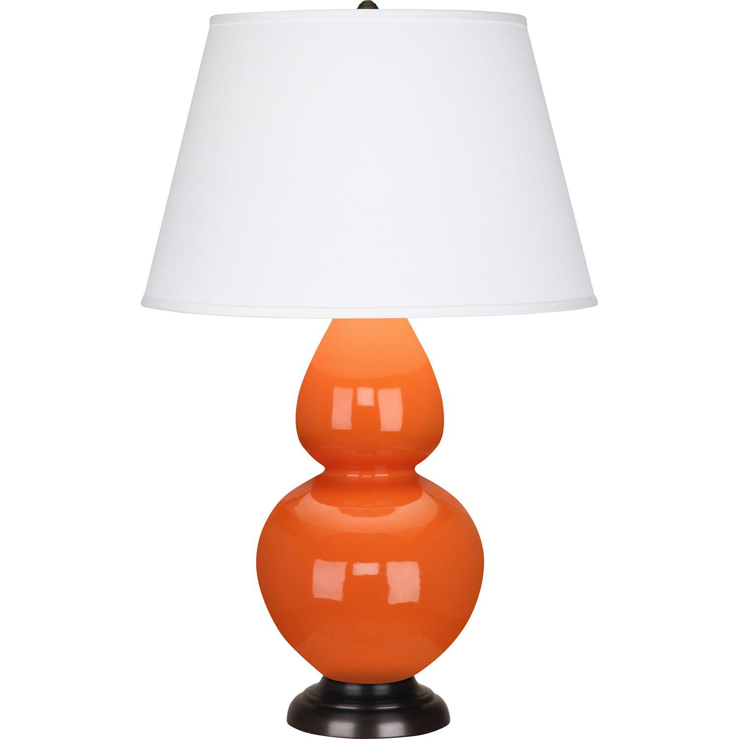 Shown in Pumpkin Glazed Ceramic With Deep Patina Bronze ed Accents finish and Pear Dupioni Fabric shade