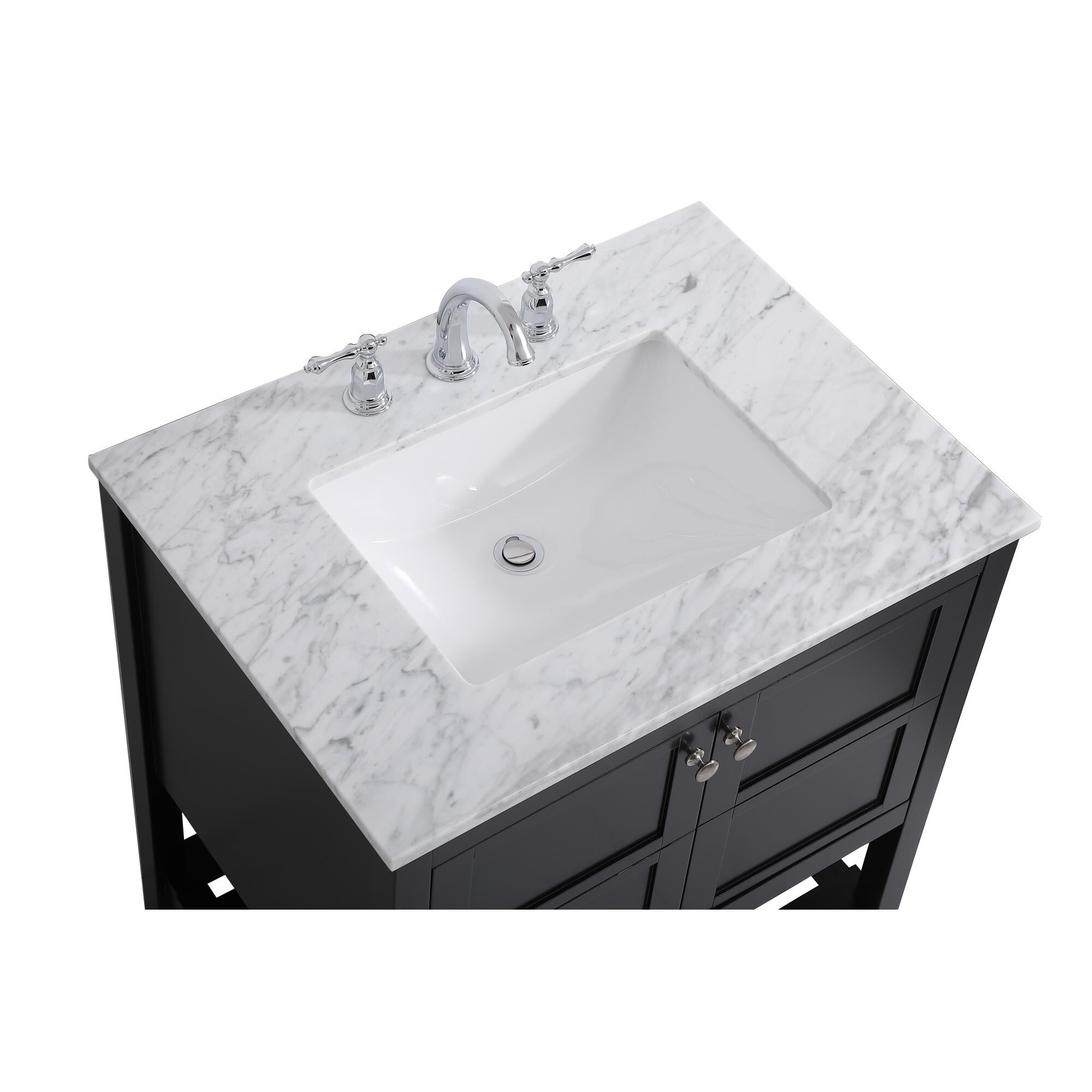 Shown in Black And Brushed Nickel With Carrara White Marble finish