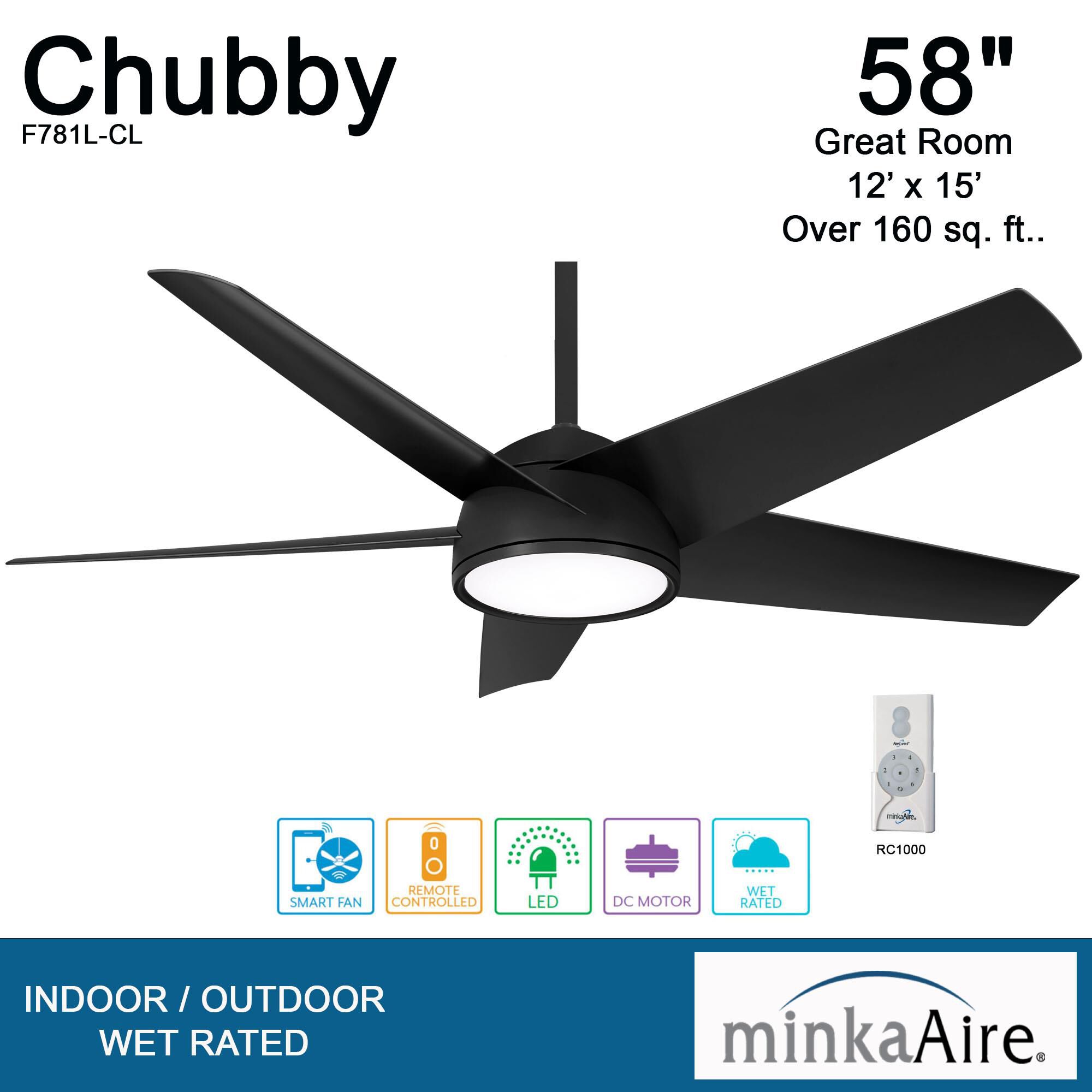 Chubby Outdoor Rated 58 Inch Ceiling Fan with Light Kit by Minka Aire