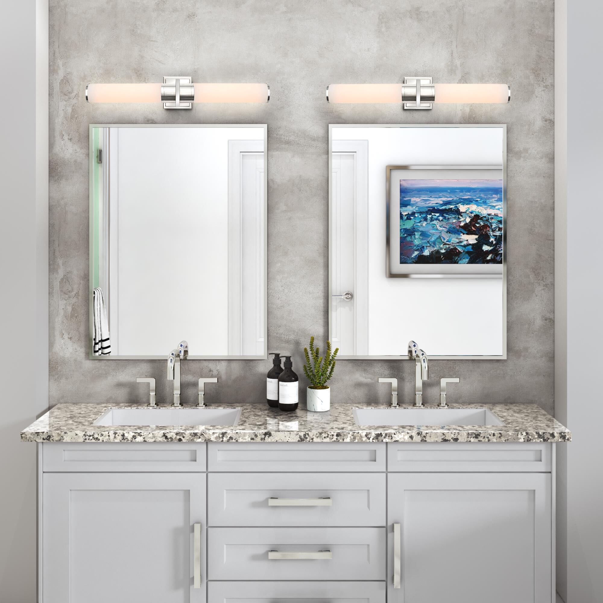 Shown in Polished Nickel finish and White glass