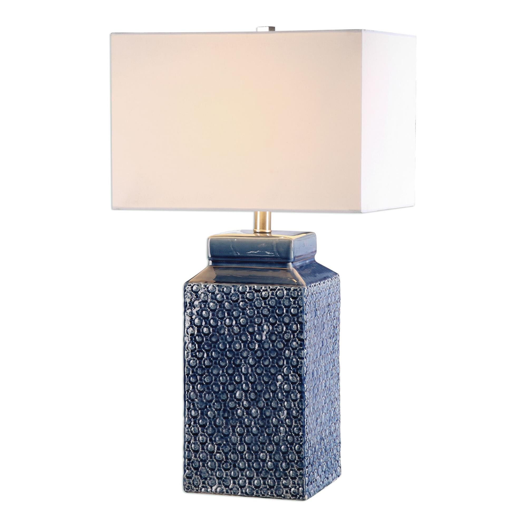 Shown in Sapphire Blue Glaze-Brushed Nickel finish and White Linen Fabric shade