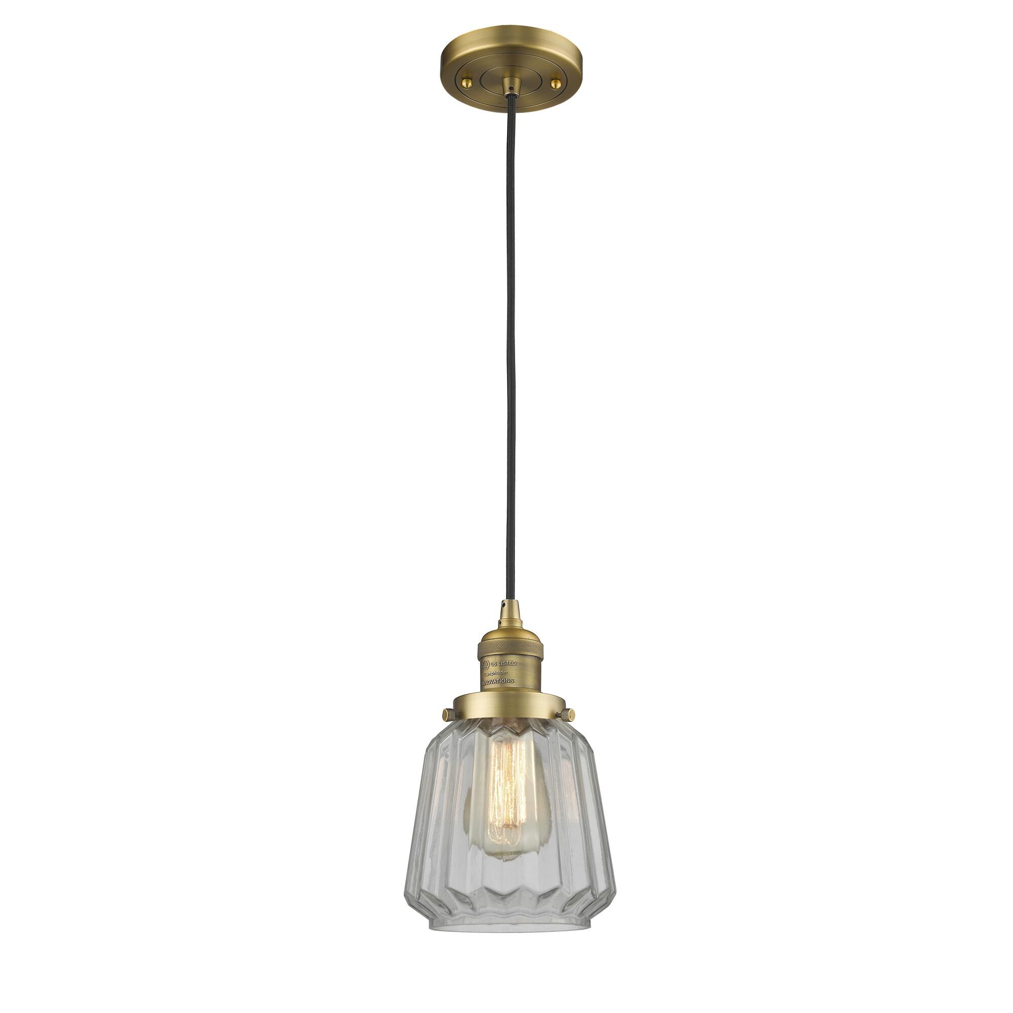 Shown in Brushed Brass finish and Clear Fluted glass
