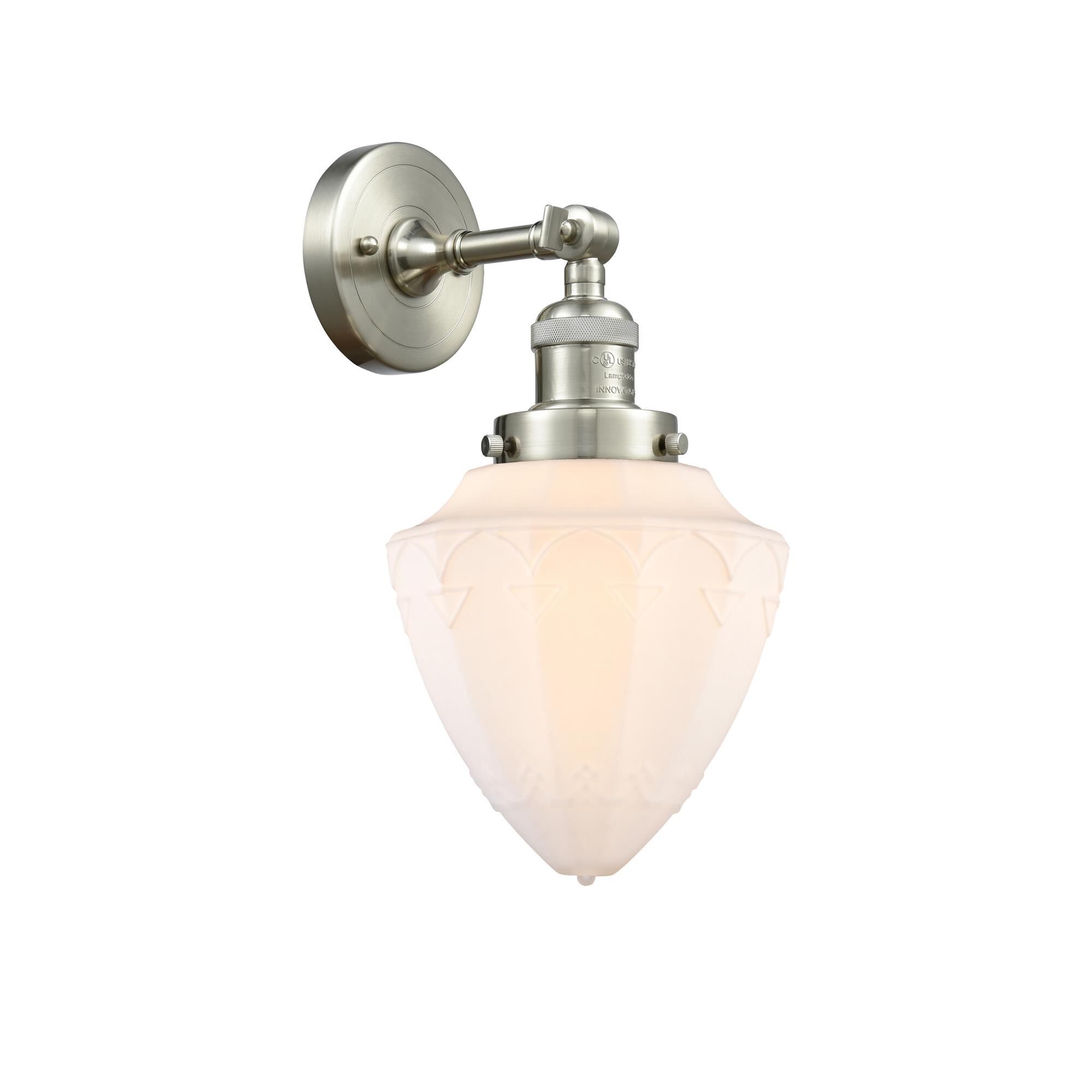 Shown in Brushed Satin Nickel finish and Matte White Cased Small Bullet glass