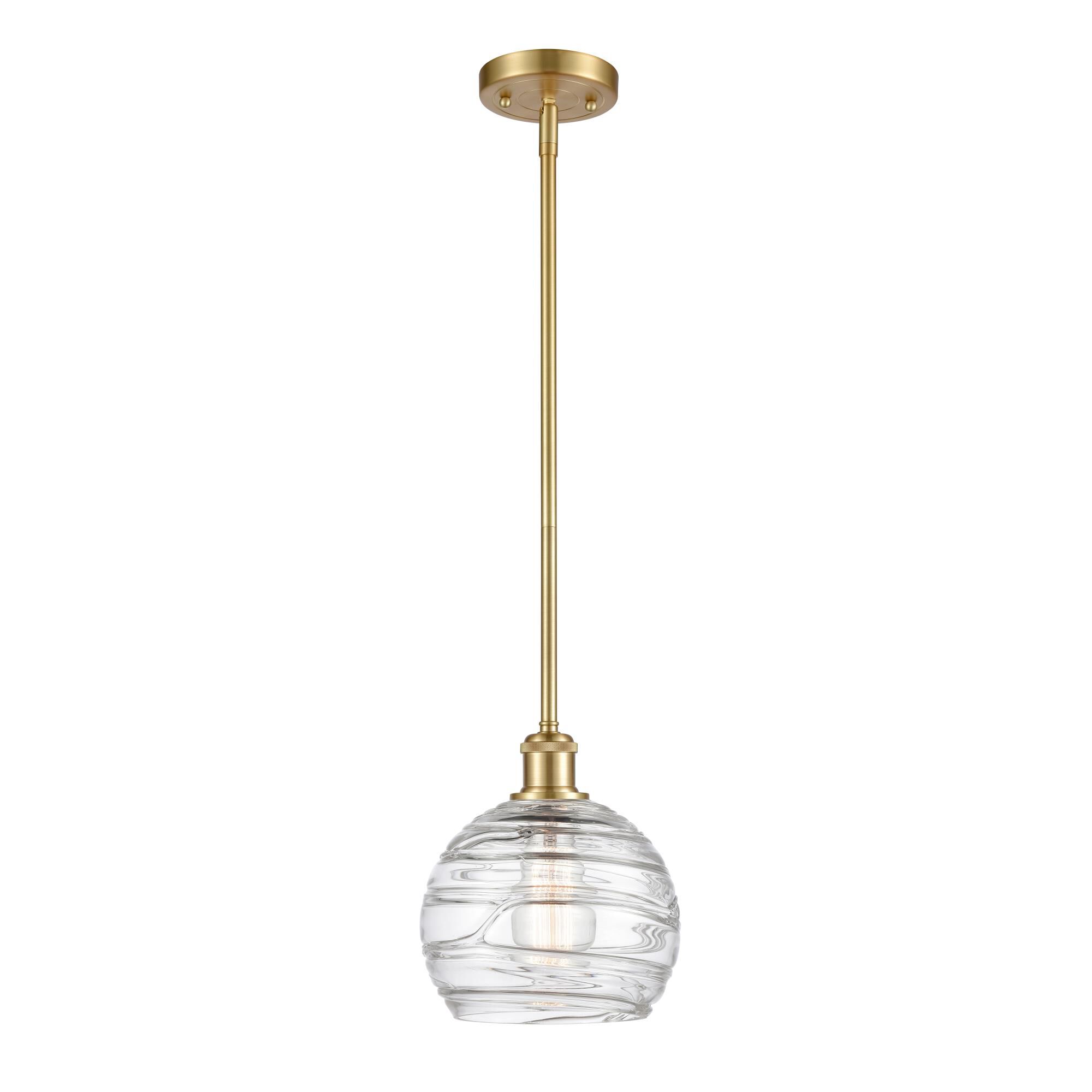 Shown in Satin Gold finish and Clear Deco Swirl glass
