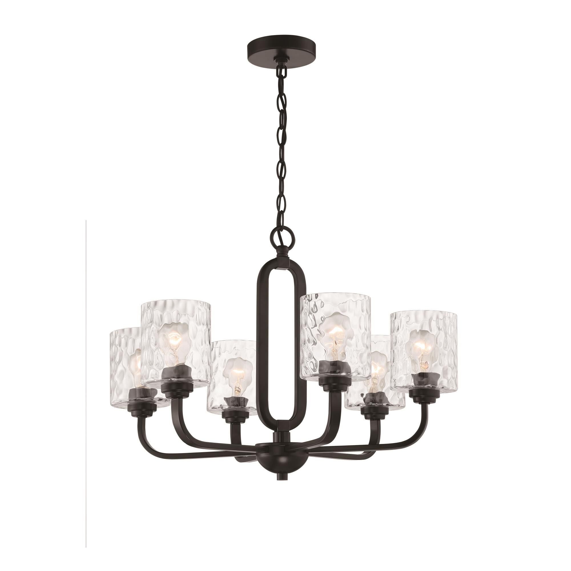Shown in Flat Black finish and Clear Hammered glass and Glass shade