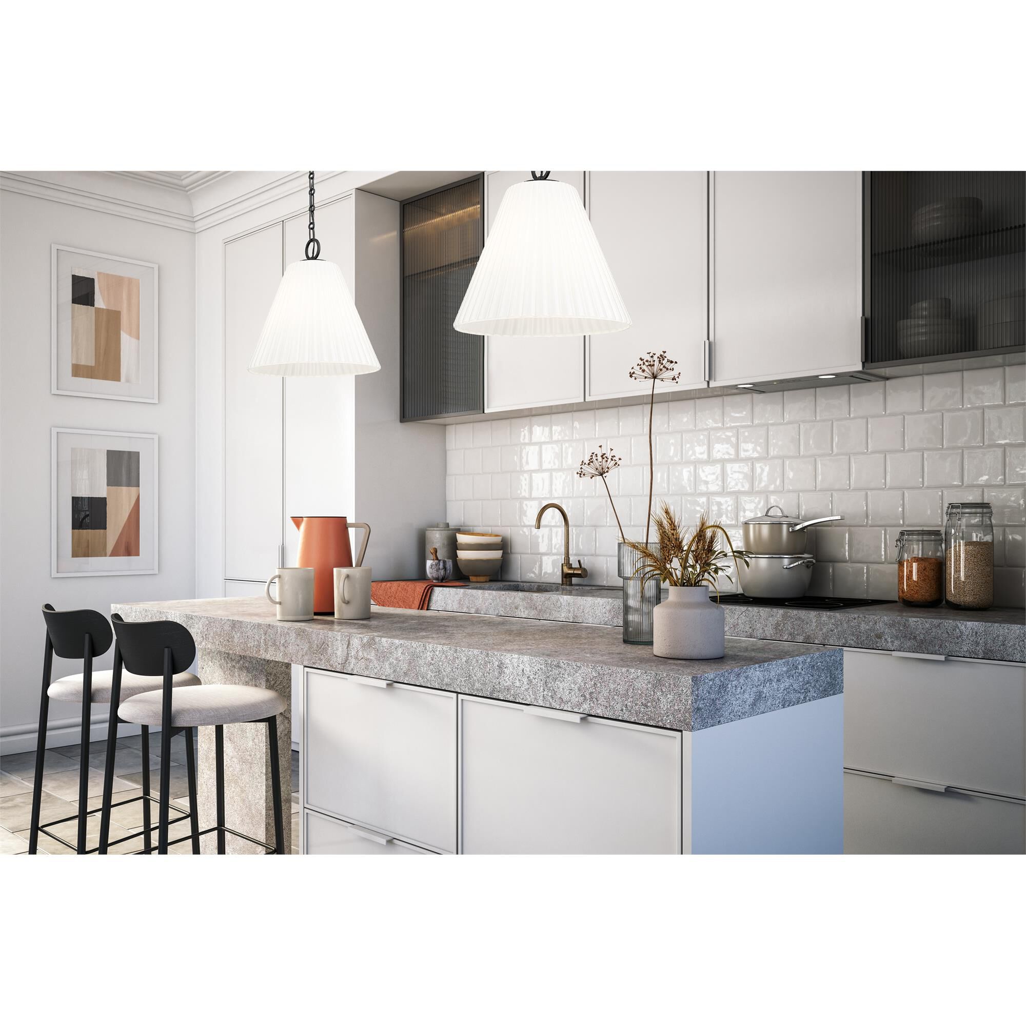Shown in Matte Black finish and White glass and White shade