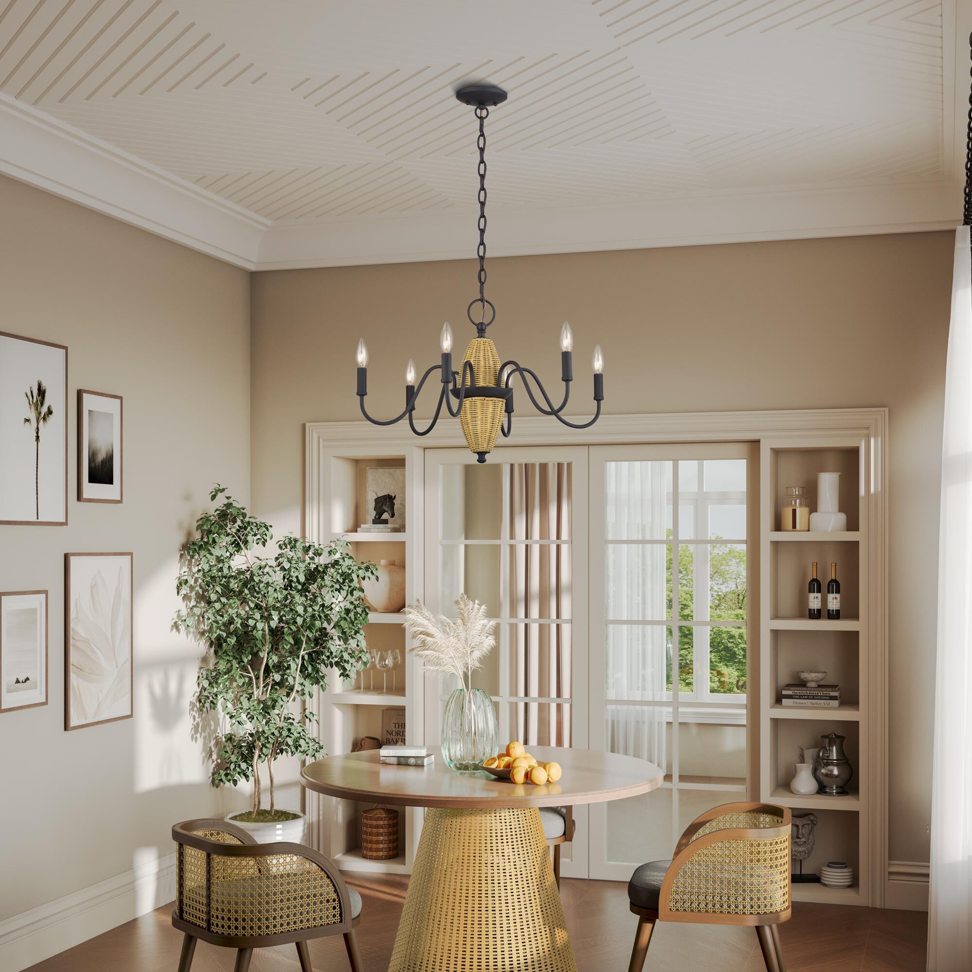 Shown in Bronze finish and Hand-Woven Rustic Walnut Color Rattan Column shade