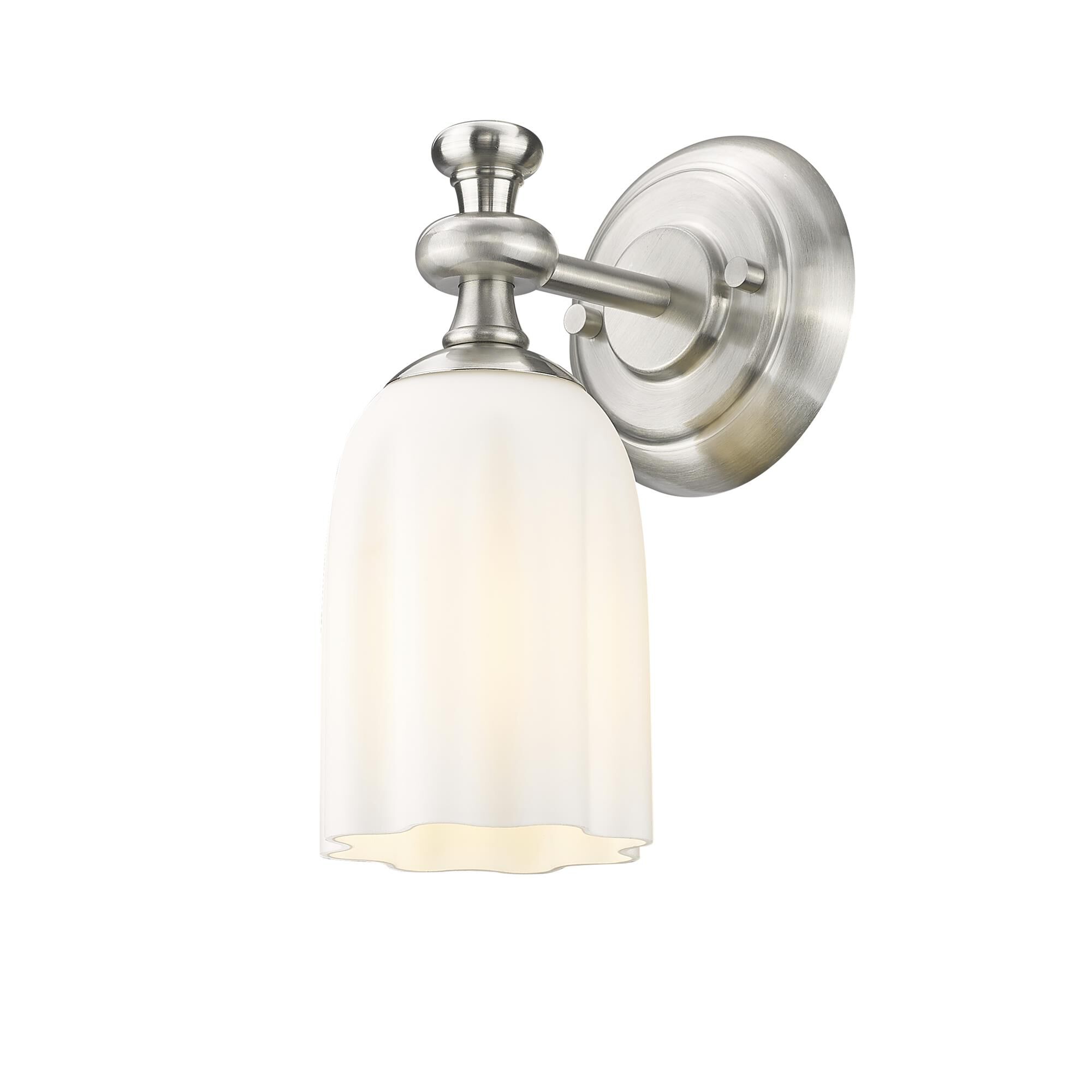 Shown in Brushed Nickel finish and Opal Etched glass and Opal Etched shade