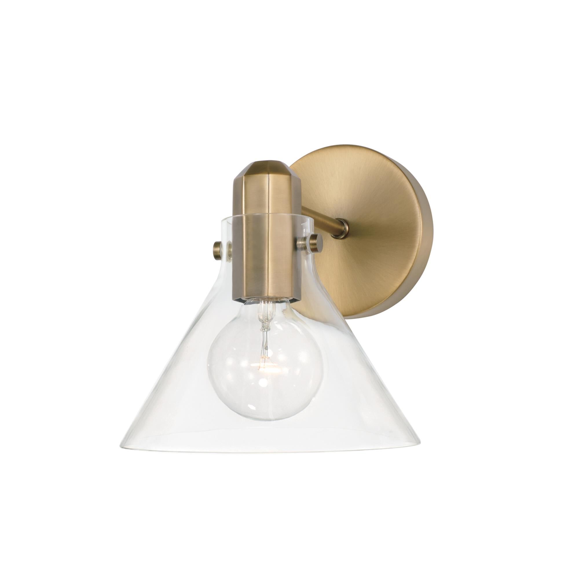 Shown in Aged Brass finish and Clear glass