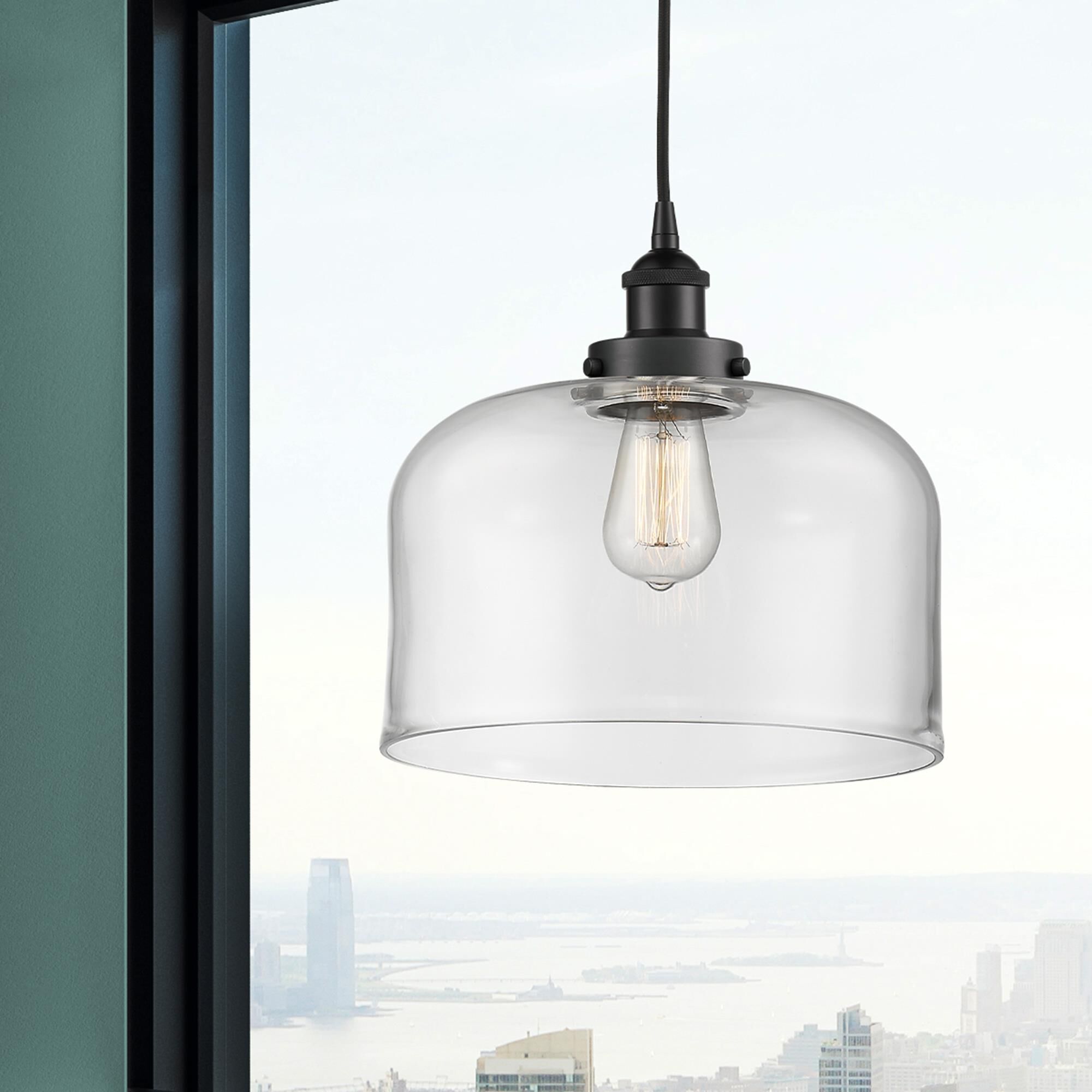 Shown in Matte Black finish and Clear X-Large Bell glass