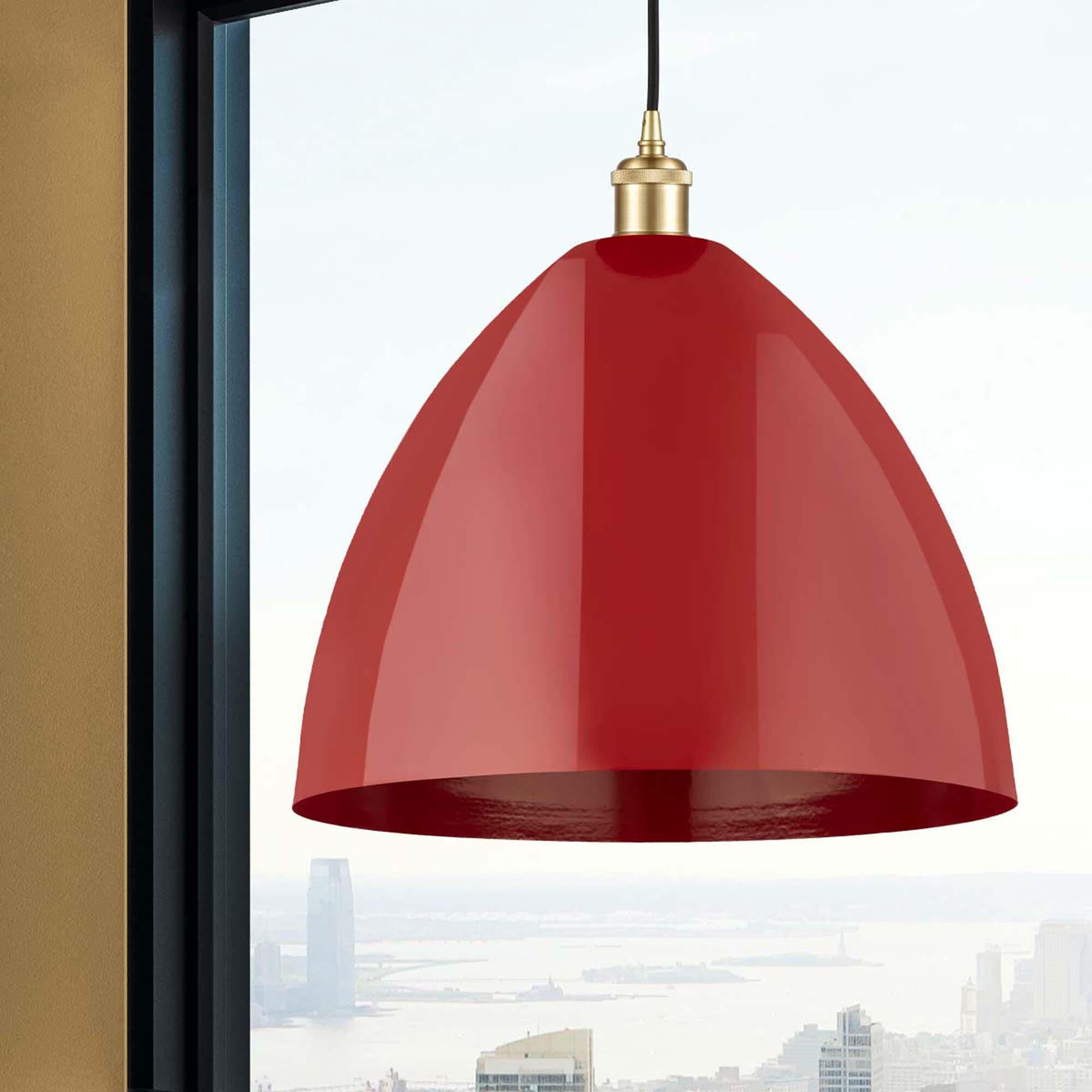 Shown in Satin Gold finish and Red Plymouth Dome shade