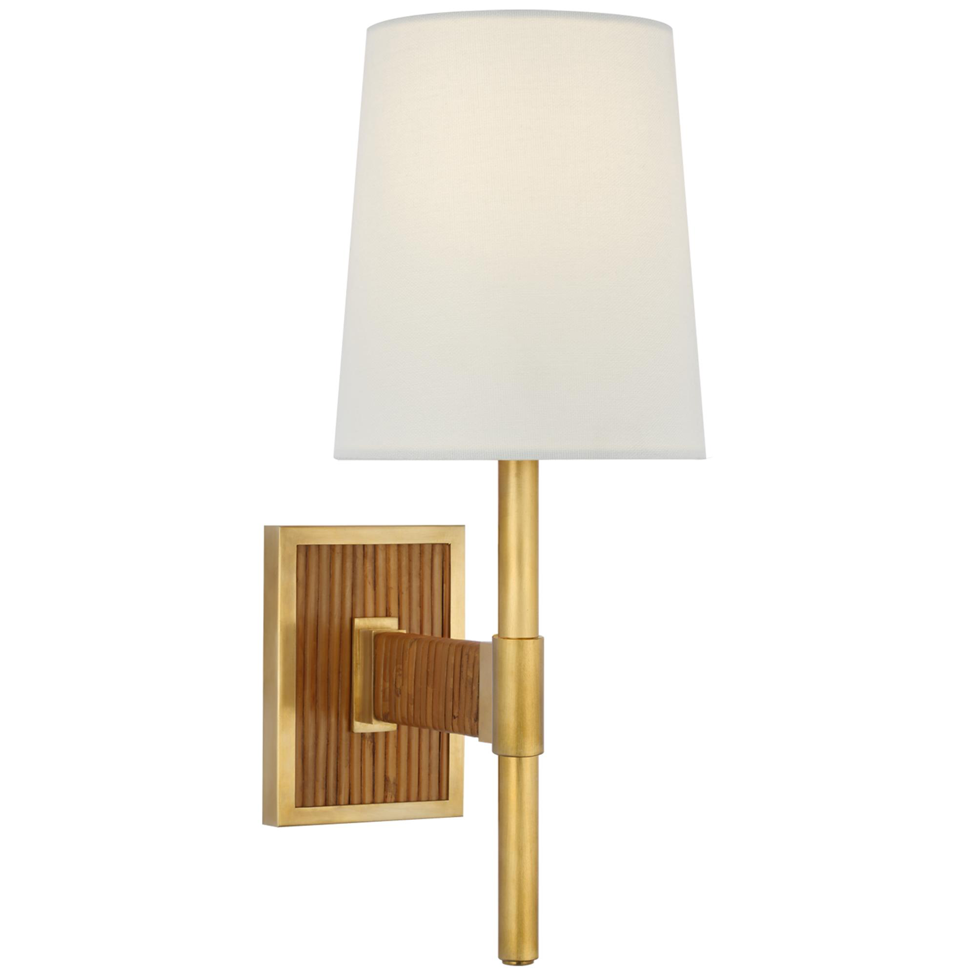 Shown in Hand-Rubbed Antique Brass and Dark Rattan finish and Linen shade