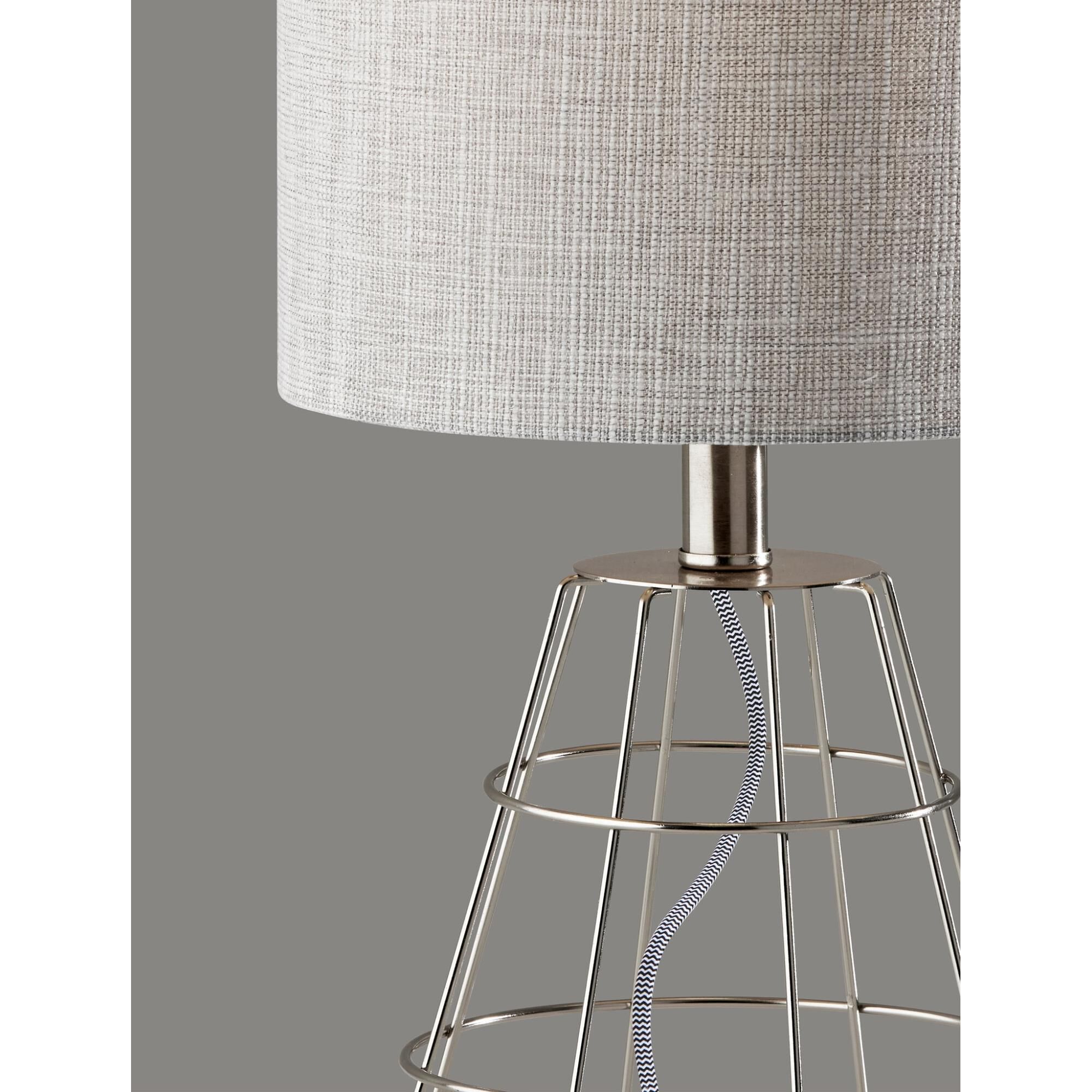 Shown in Brushed Steel finish and Light Grey/White Textured Fabric shade
