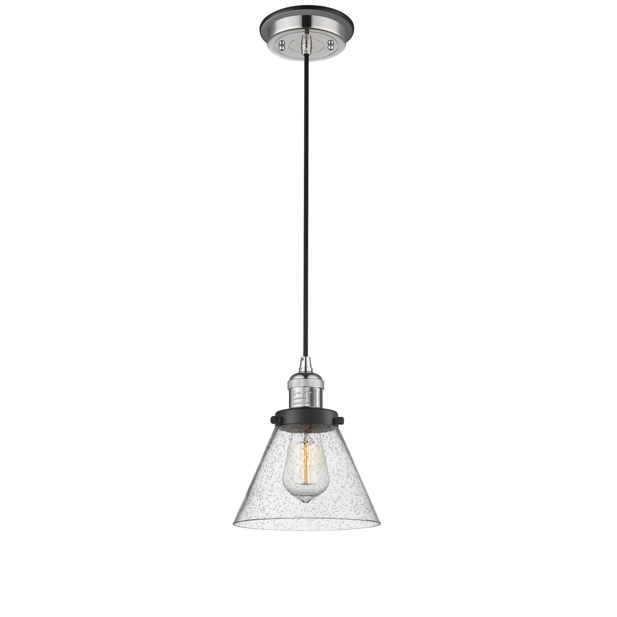 Shown in Polished Nickel finish and Seedy Large Cone glass and Matte Black accent