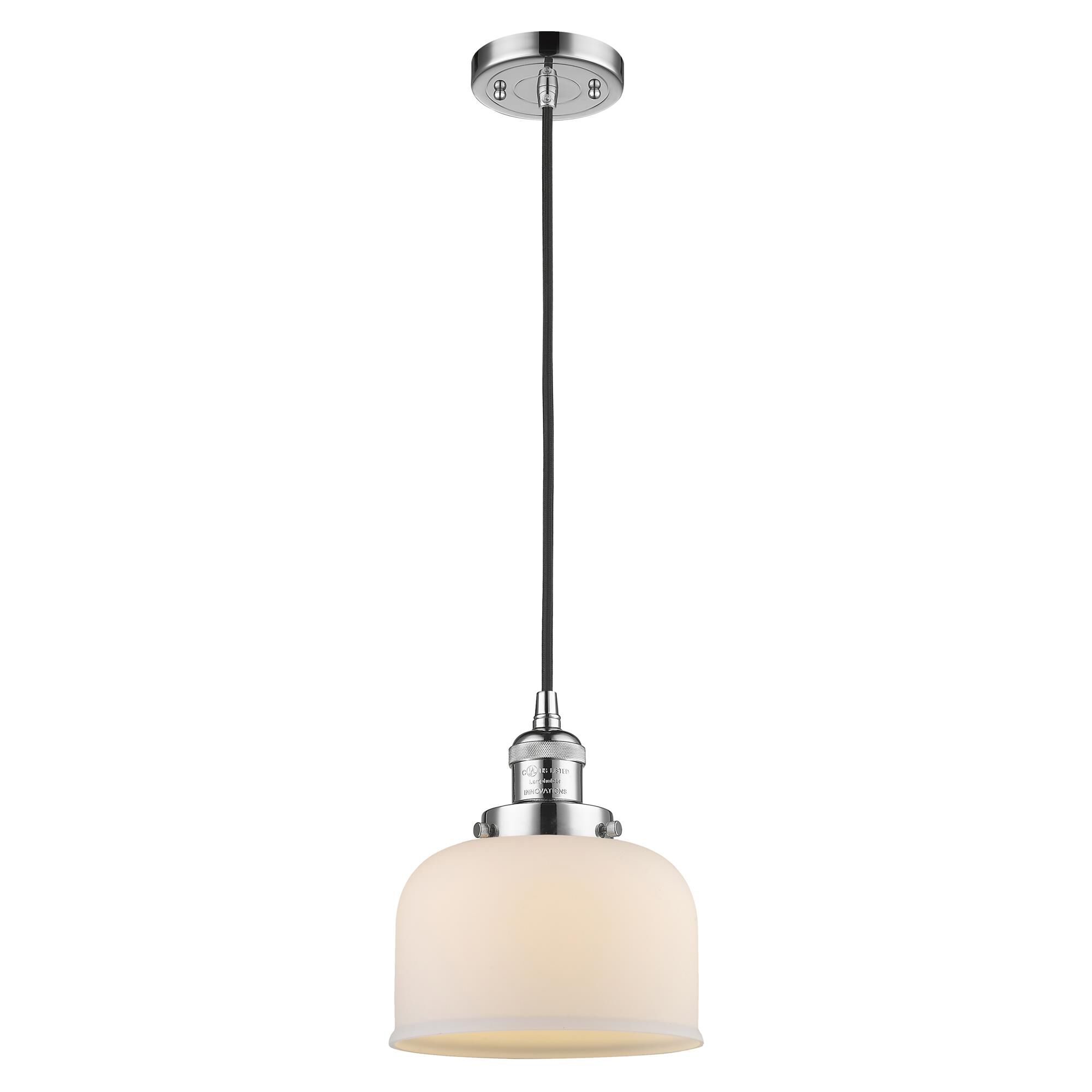 Shown in Polished Chrome finish and Matte White Cased Large Bell glass and Cord accent