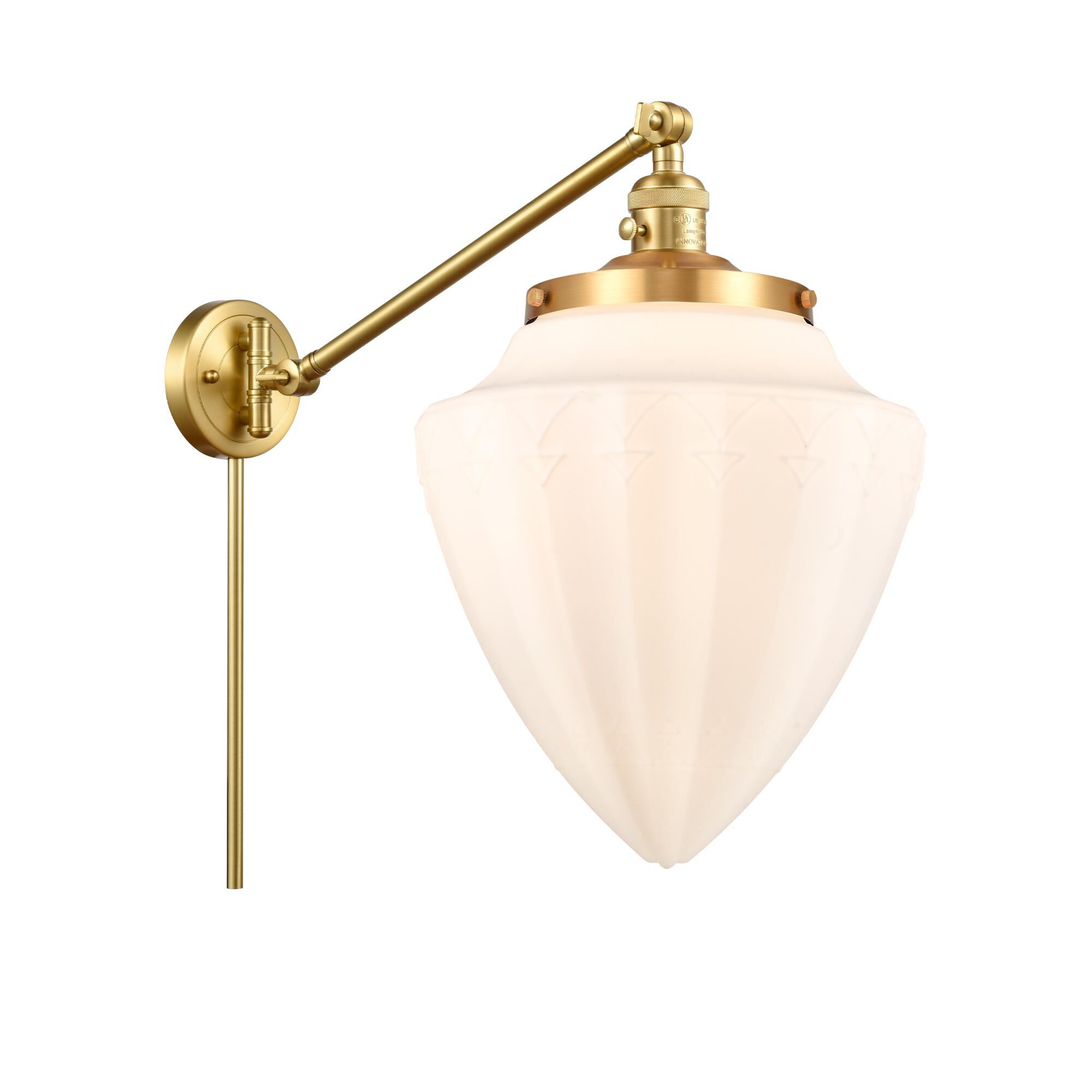 Shown in Satin Gold finish and Matte White glass