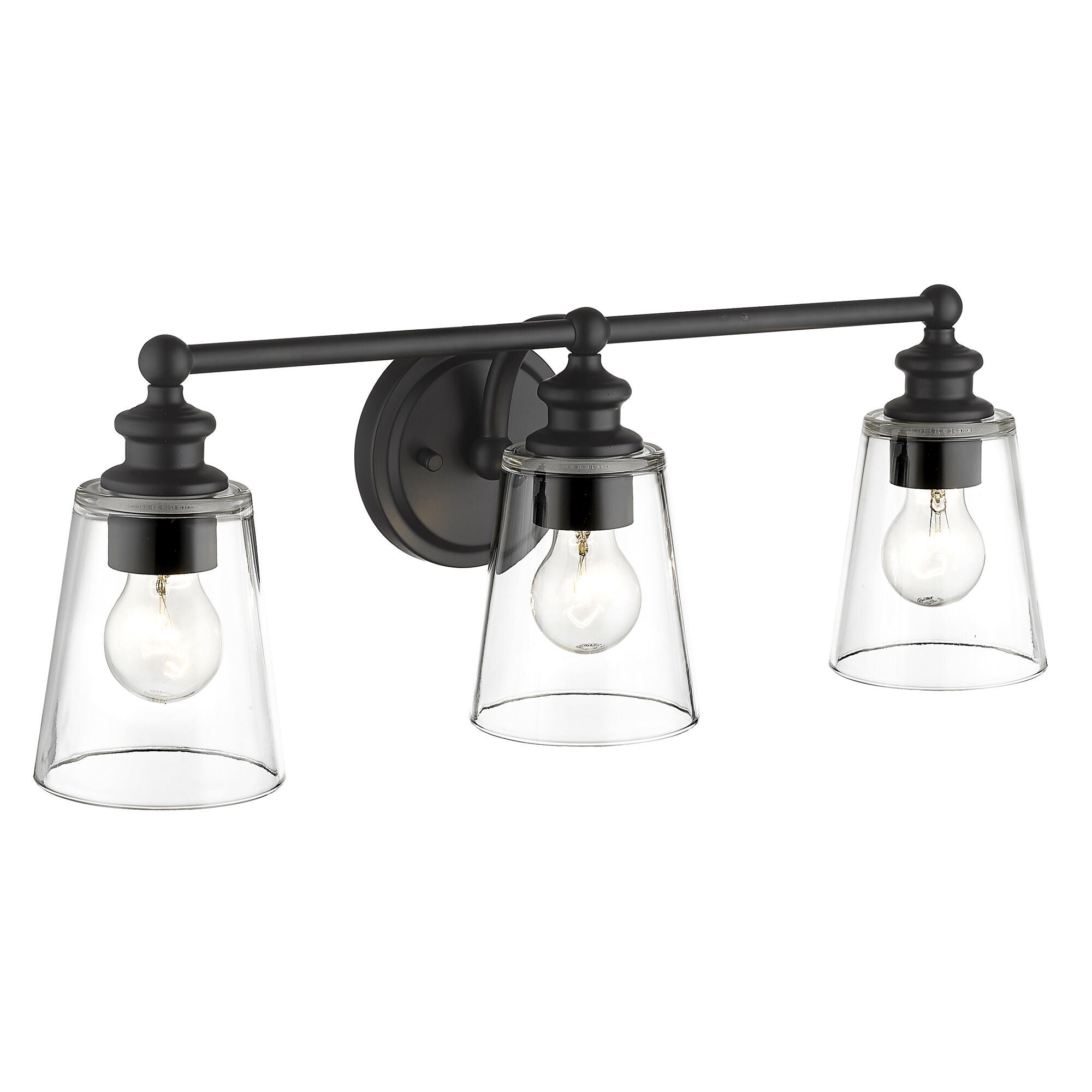 Shown in Matte Black finish and Clear glass and Clear, Cone Shaped Glass shade