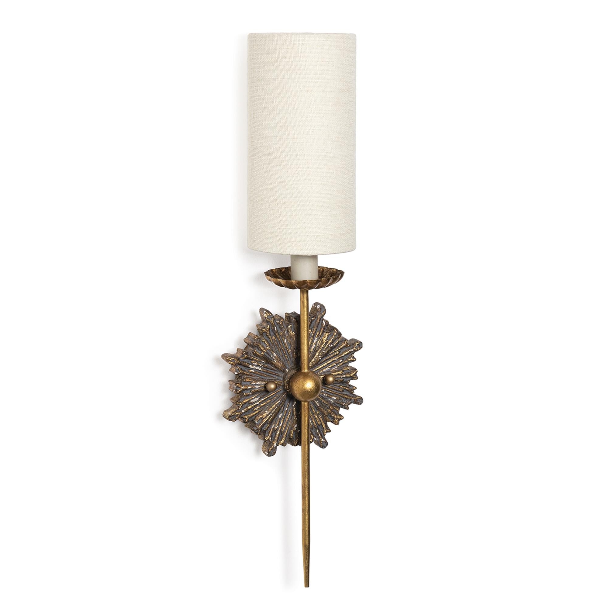 Shown in Antique Gold finish and Linen shade
