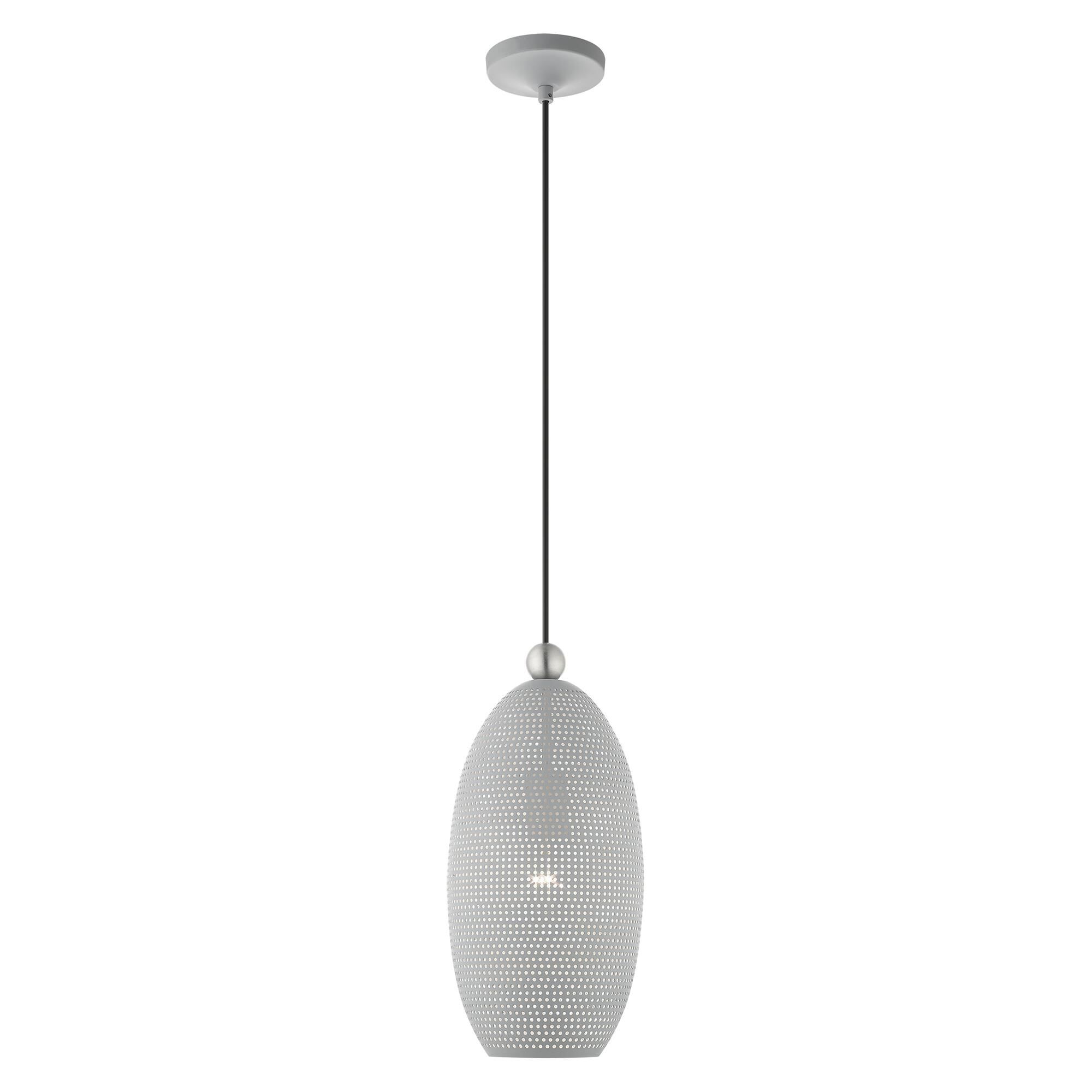 Shown in Nordic Gray With Brushed Nickel Accents finish and Nordic Gray Ornamental Metal Shade With White Finish Inside glass and Nordic Gray Ornamental Metal  With White Finish Inside shade