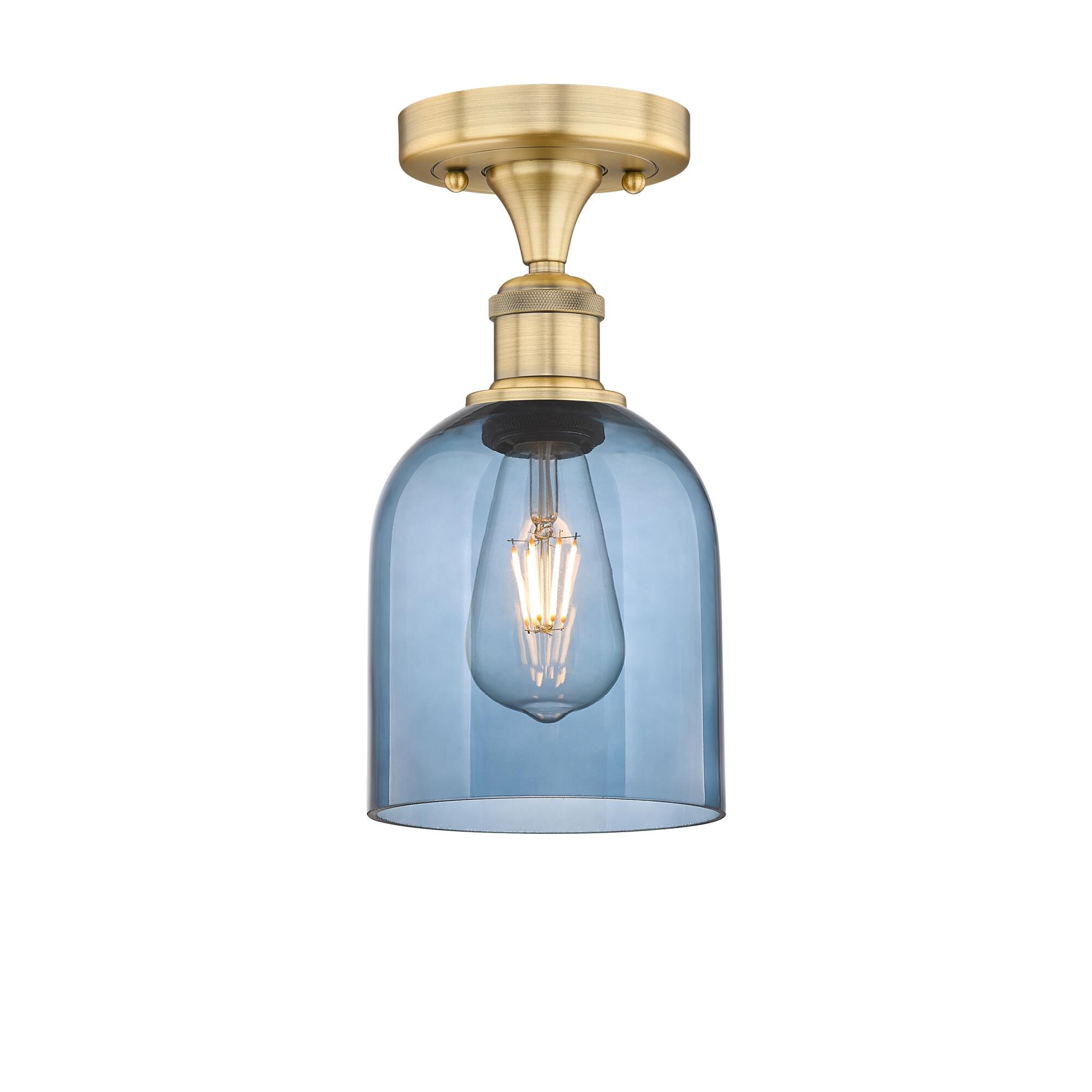 Shown in Brushed Brass finish and Princess Blue glass