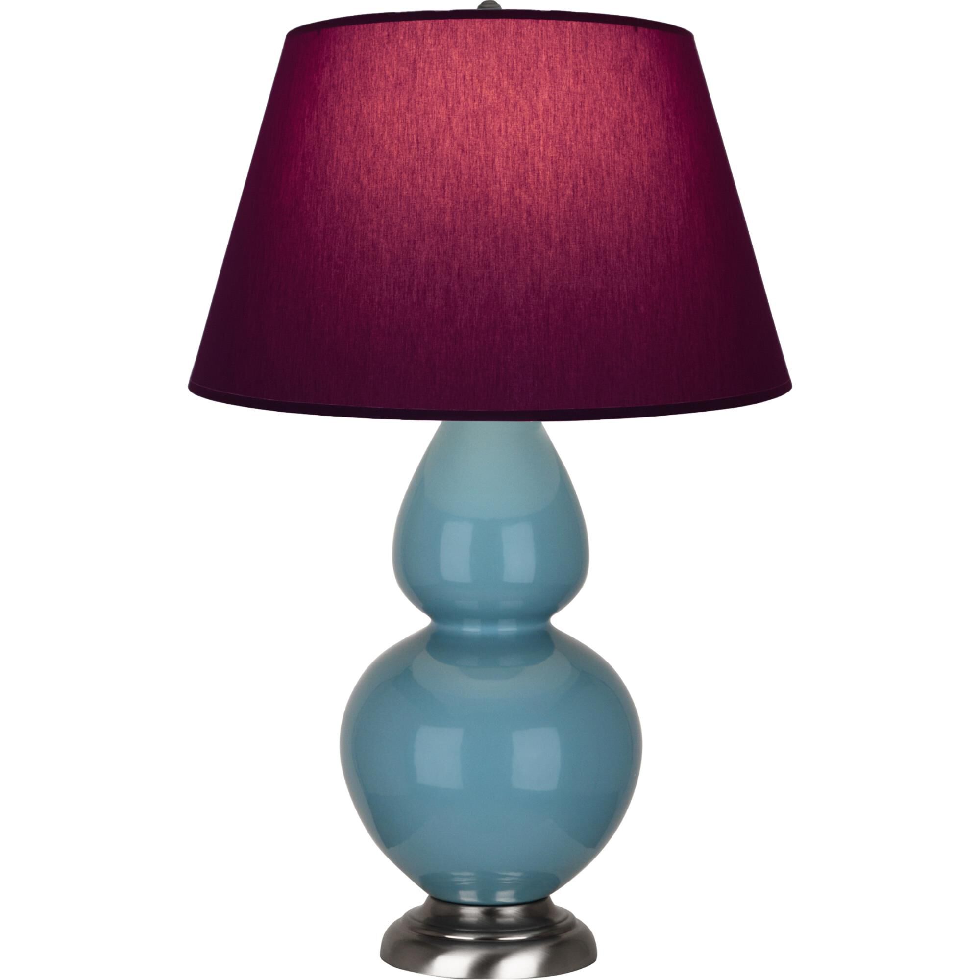 Shown in Steel Blue finish and Plum and Lavender shade and Antique Silver accent