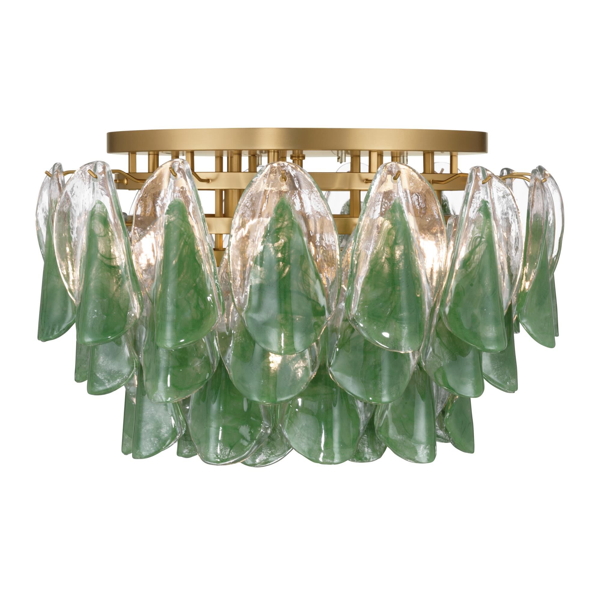 Shown in Legacy Brass finish and Green and Clear Hand-Formed glass