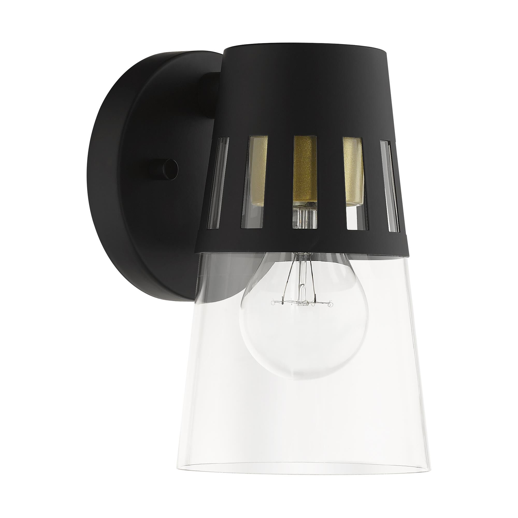 Shown in Black with Soft Gold Accents finish and Hand Blown Clear  glass