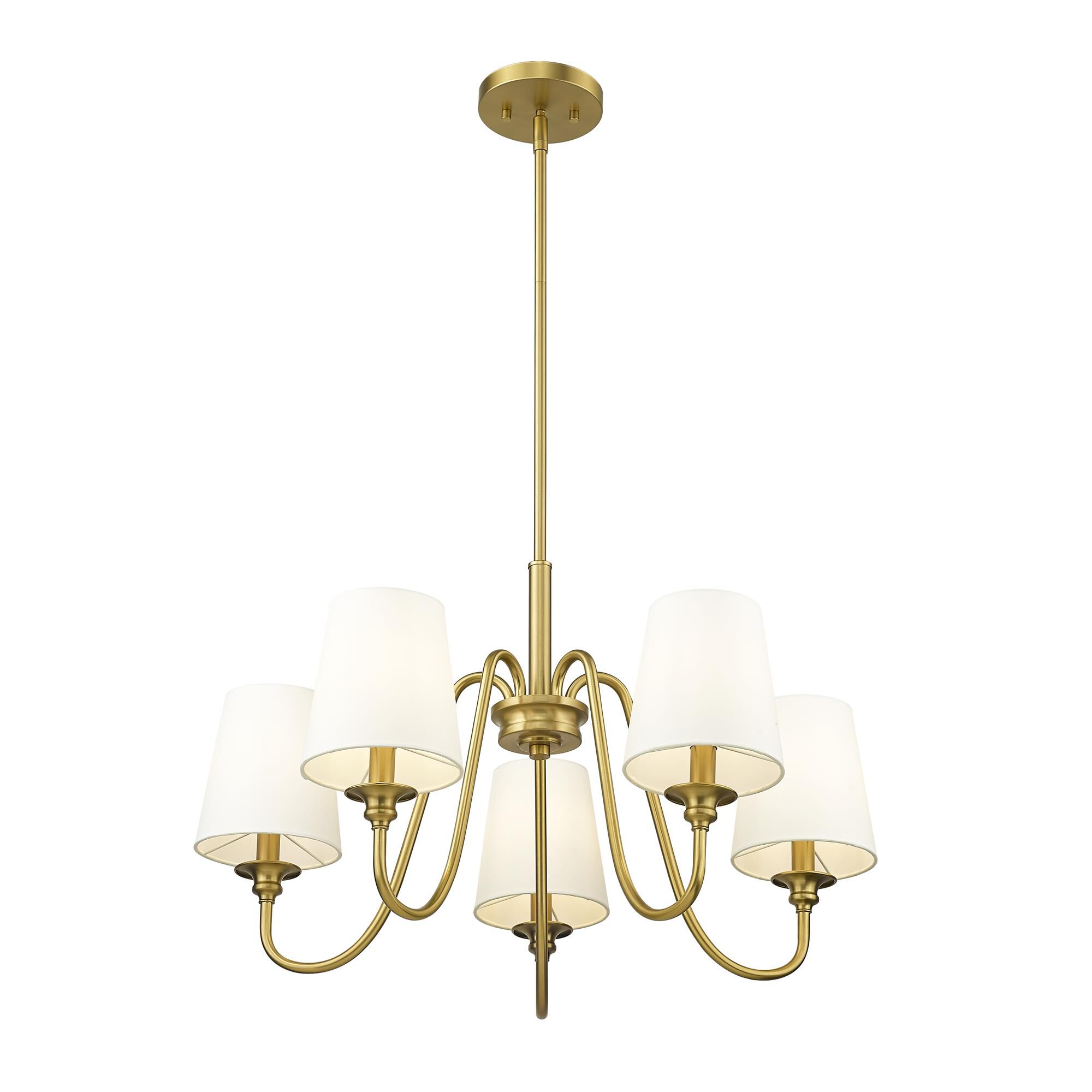 Shown in Modern Gold finish and White glass and White shade